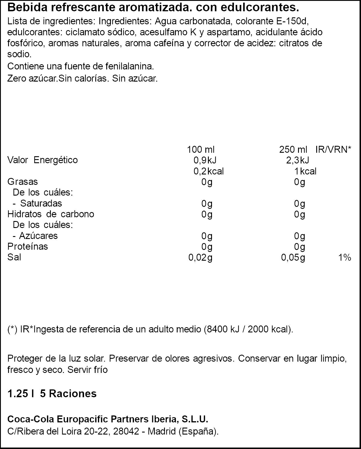 Refresco cola s/azucar s/cafeina Coca cola 1.25l