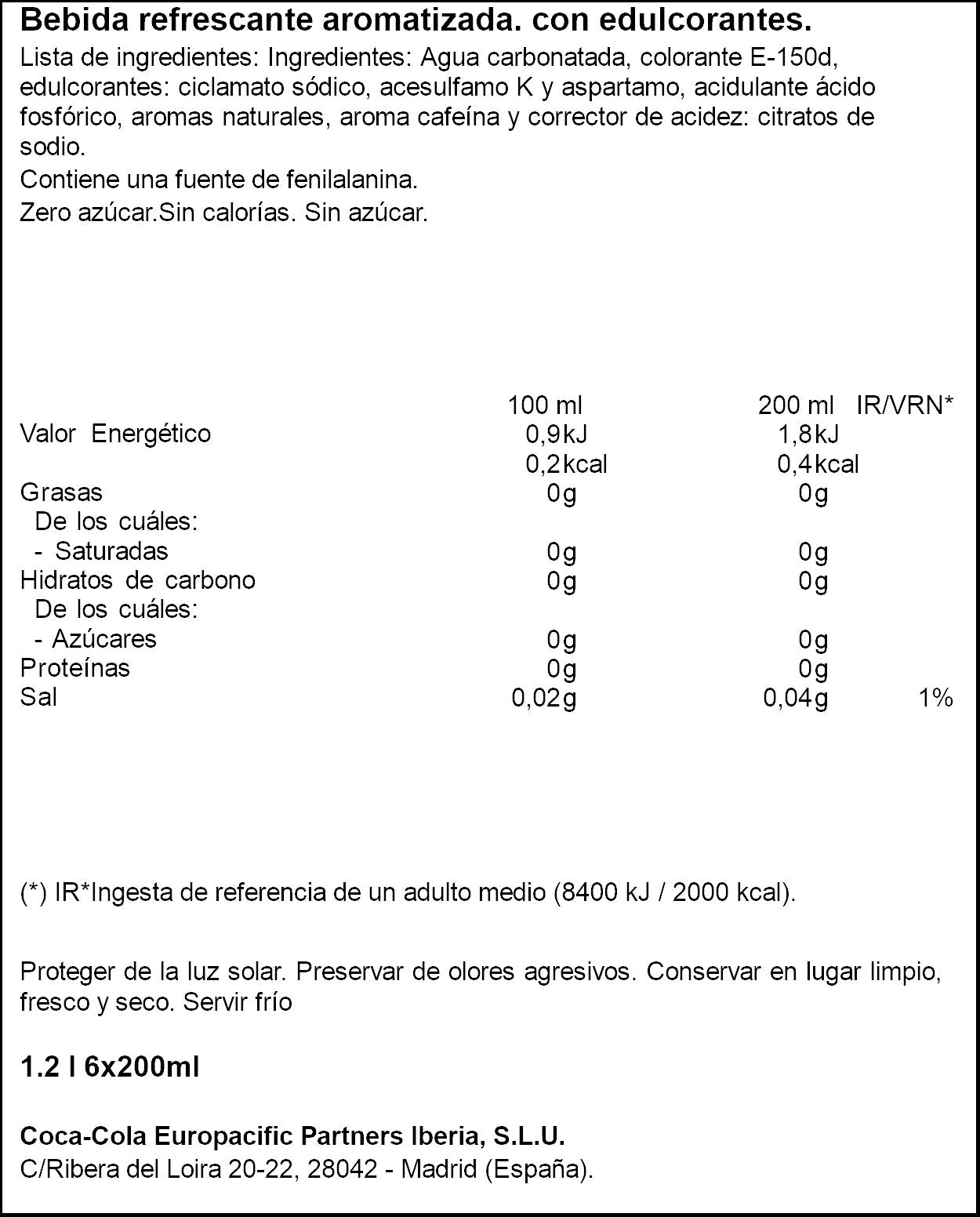 Refresco cola s/azúcar mini lata Coca cola zero p6 200ml/u