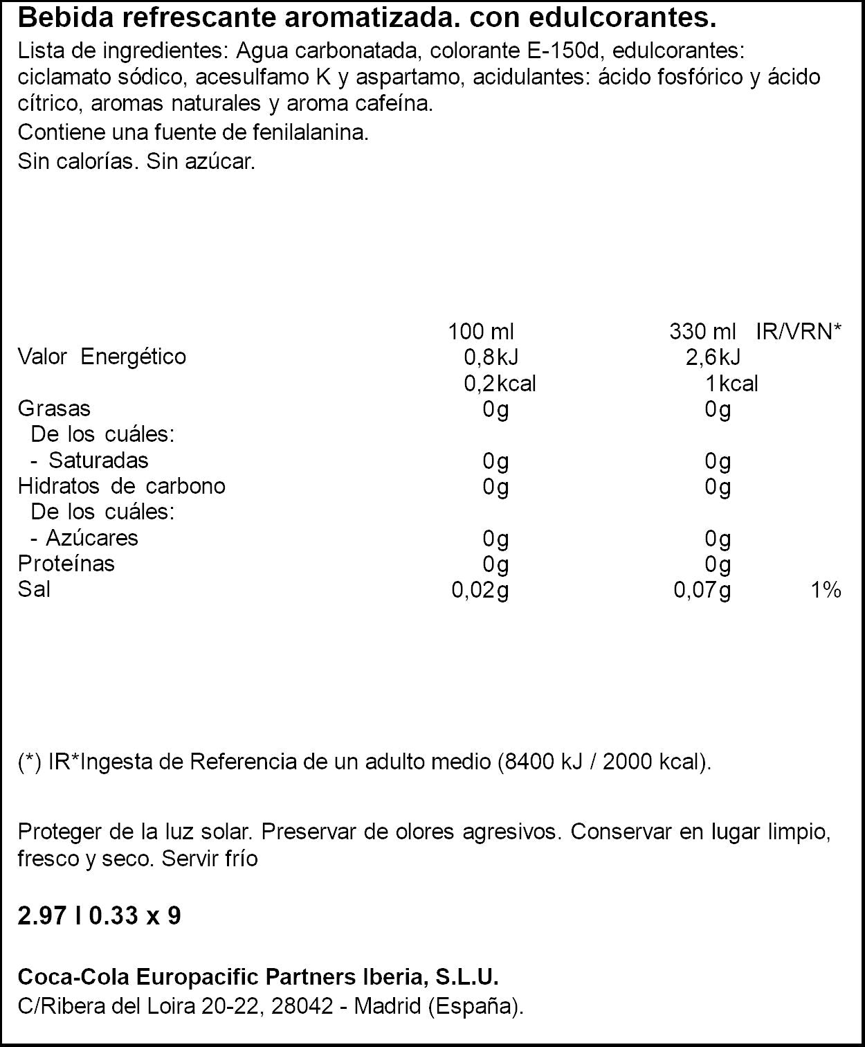 Refresco cola light lata Coca cola p9 330ml/u