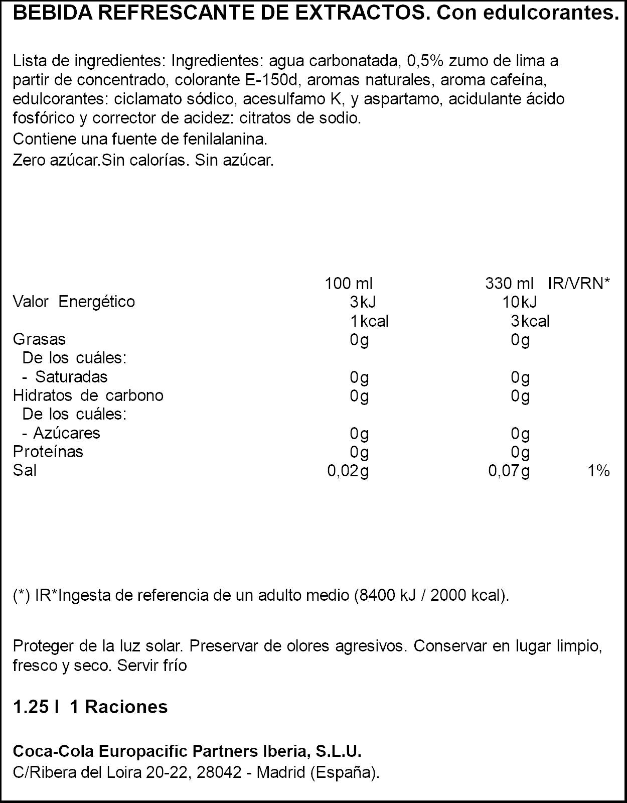 Refresco cola c/lima zero pet Coca cola 1.25l