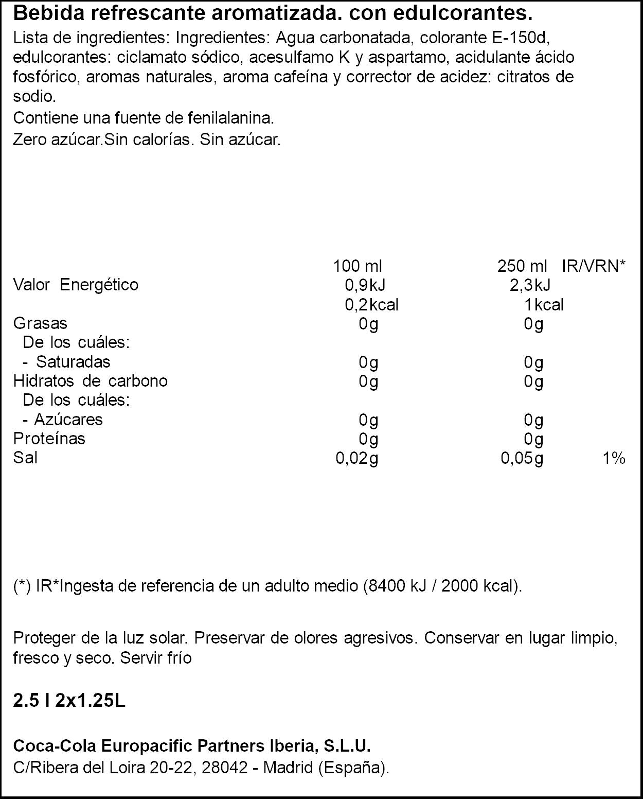 Refresco cola zero Coca cola p2 1,25l/u