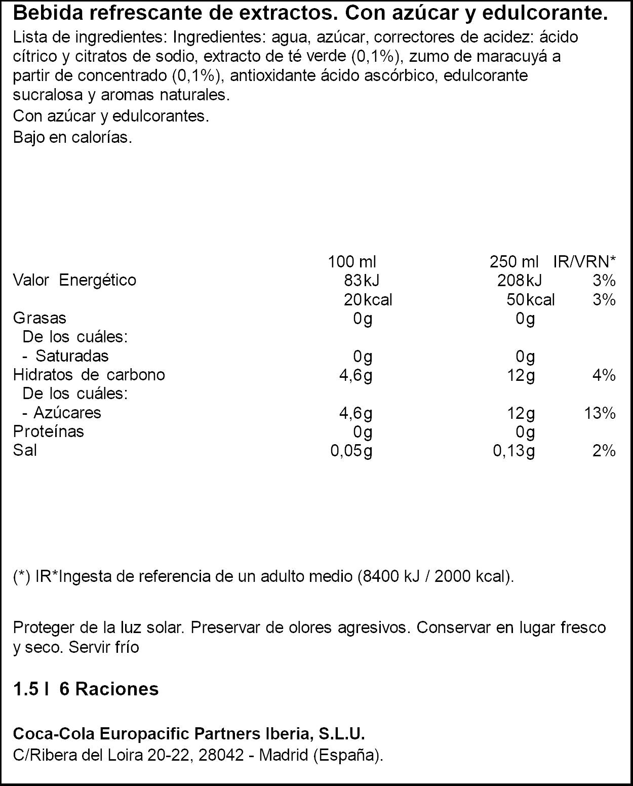 Té frio verde maracuyá Fuze tea 1.5l