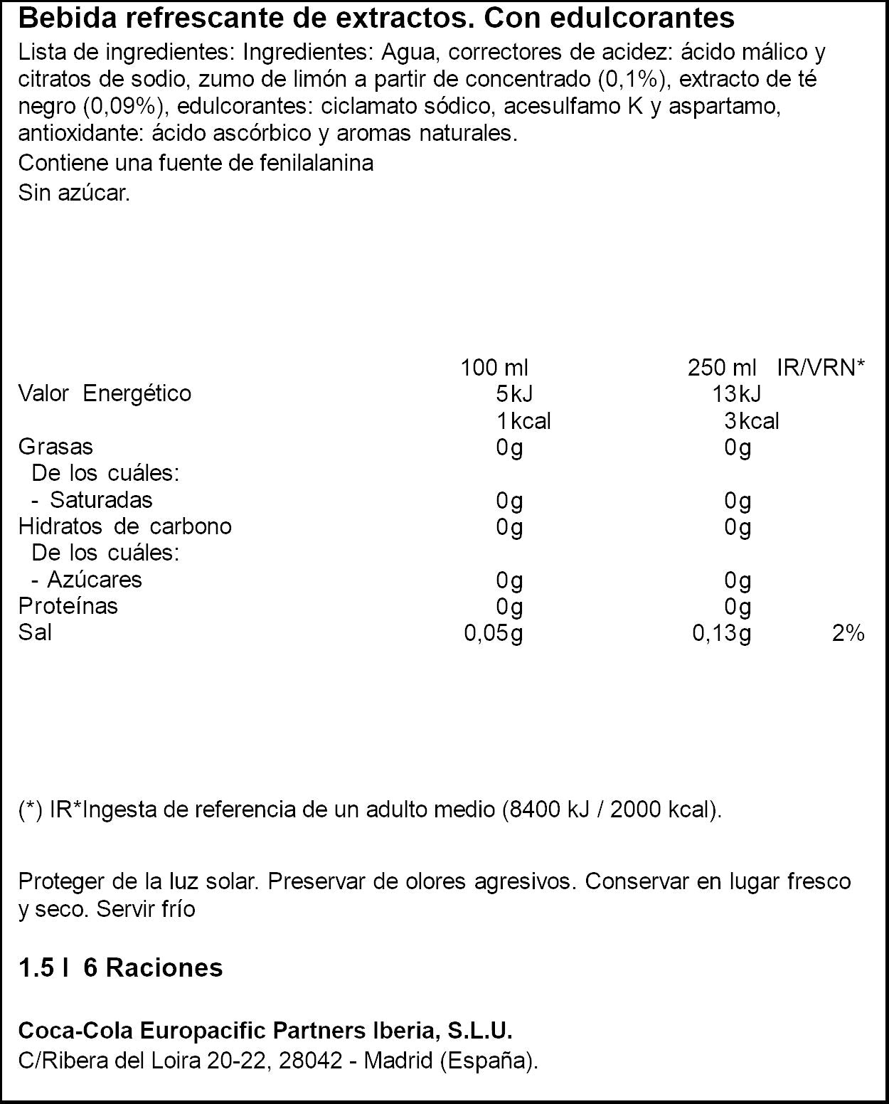 Té frio limón s/azucar Fuze tea 1.5l