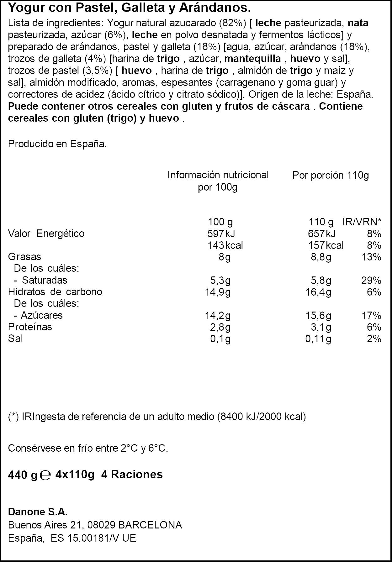 Yogur griego tarta de arandanos  oikos Danone p4 110g/u