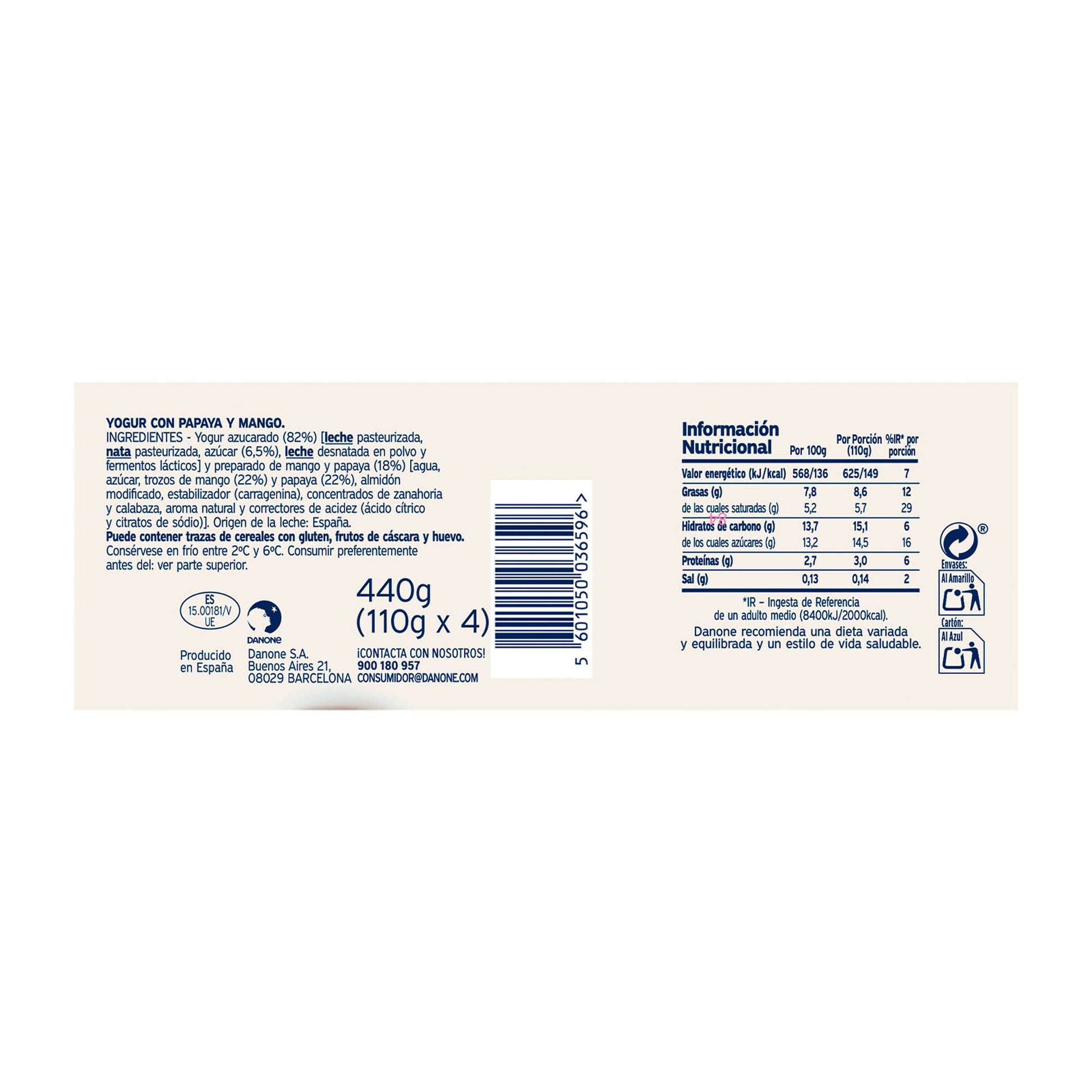 Yogur griego mango papaya oikos Danone p4 110g/u