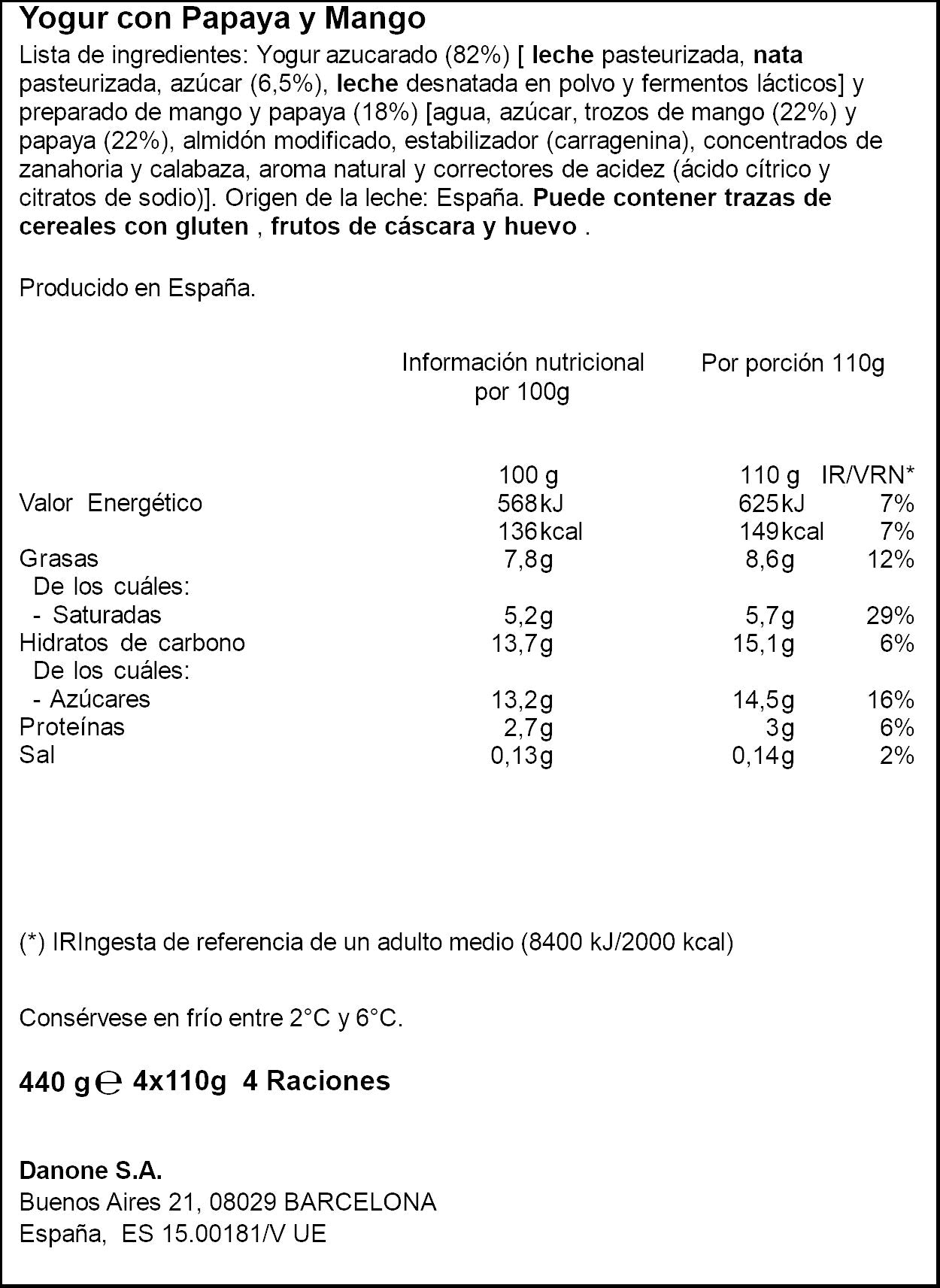 Yogur griego mango papaya oikos Danone p4 110g/u