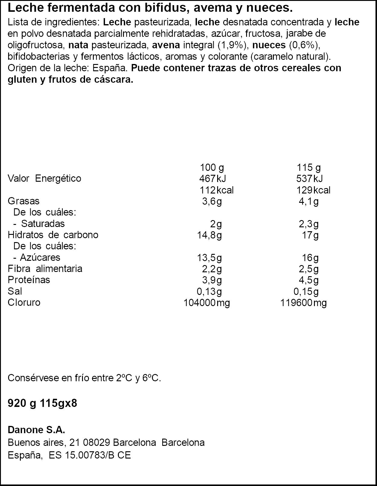Yogur bifidus avena/nueces activia Danone p8 115g/u