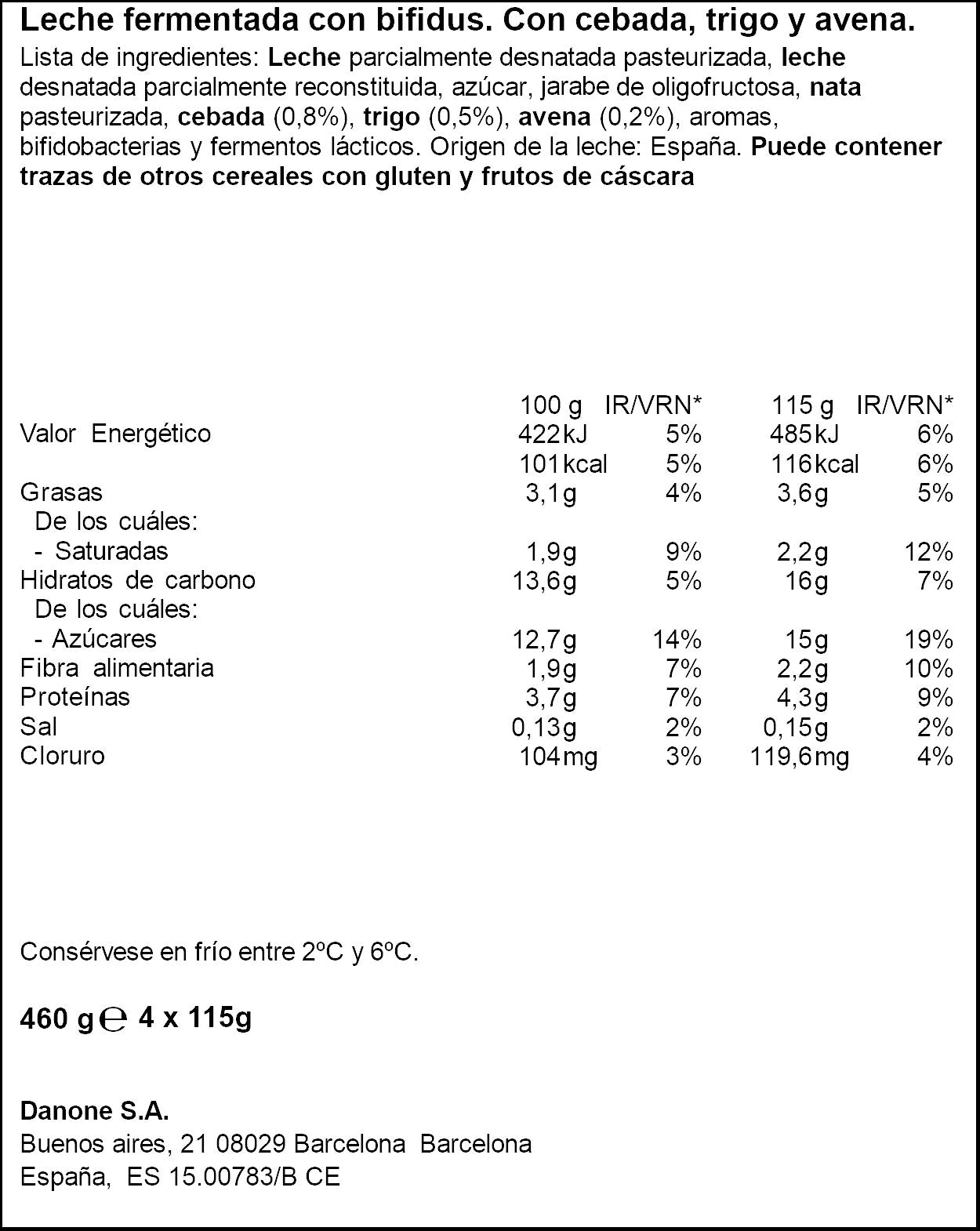 Yogur bifidus fibra cereales activia Danone p4 115g/u