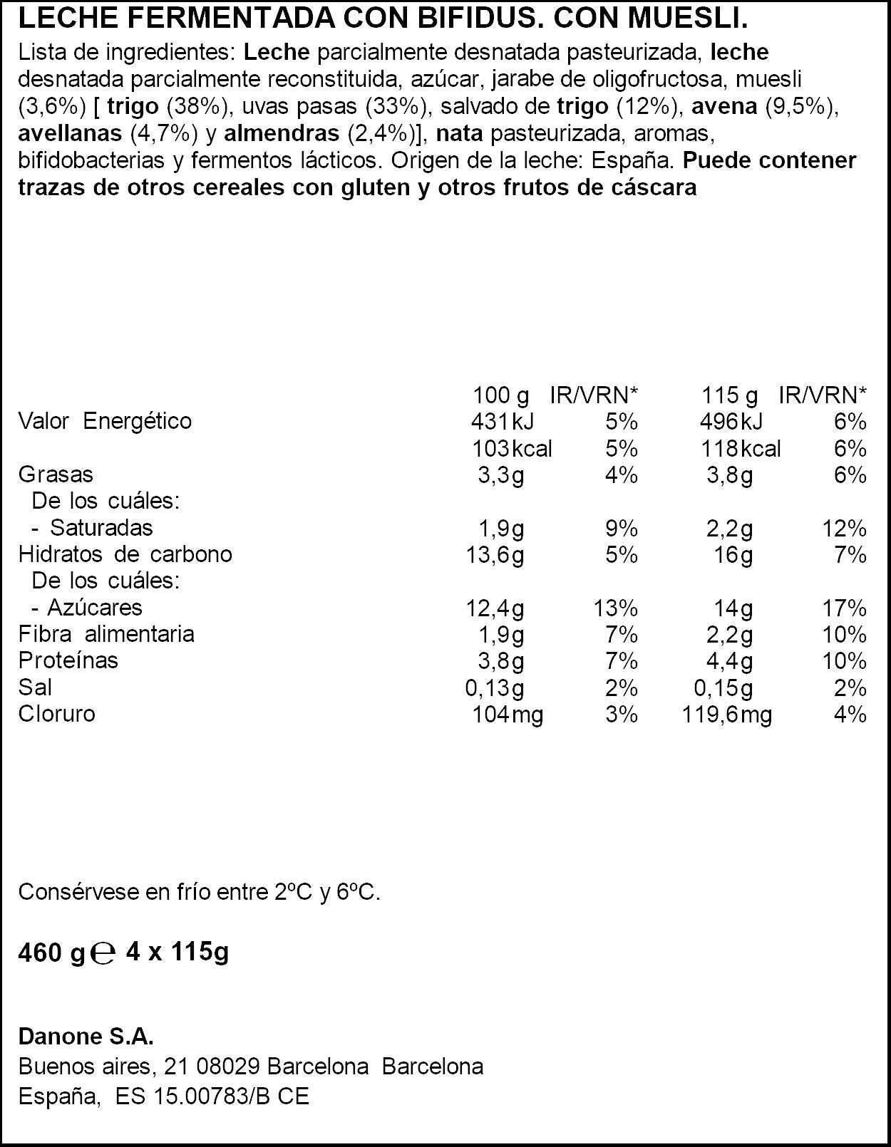 Yogur bifidus fibra muesli activia Danone p4 115g/u