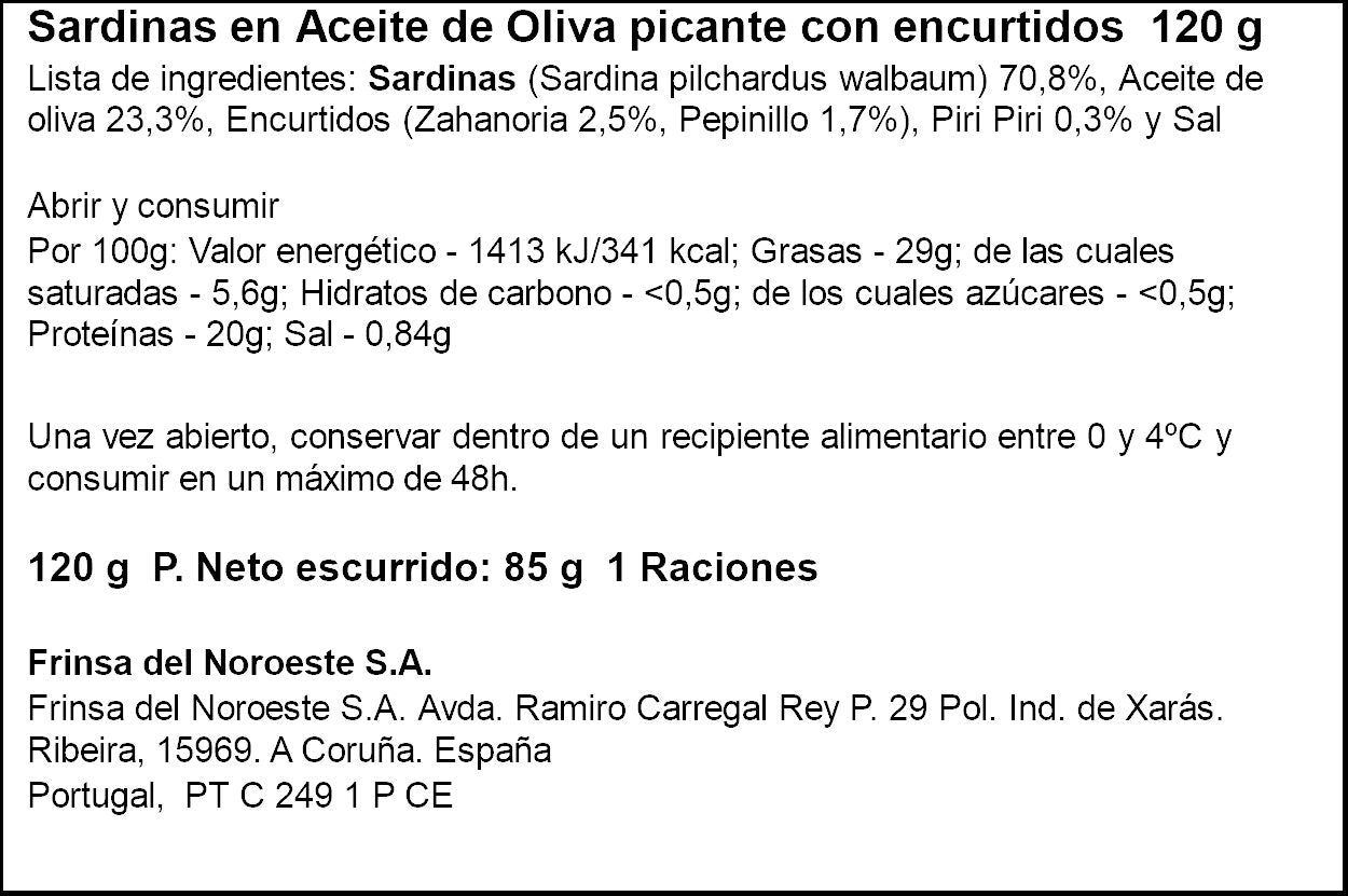 Sardina en aceite de oliva picante c/escurtidos lata Minerva 85g escurr