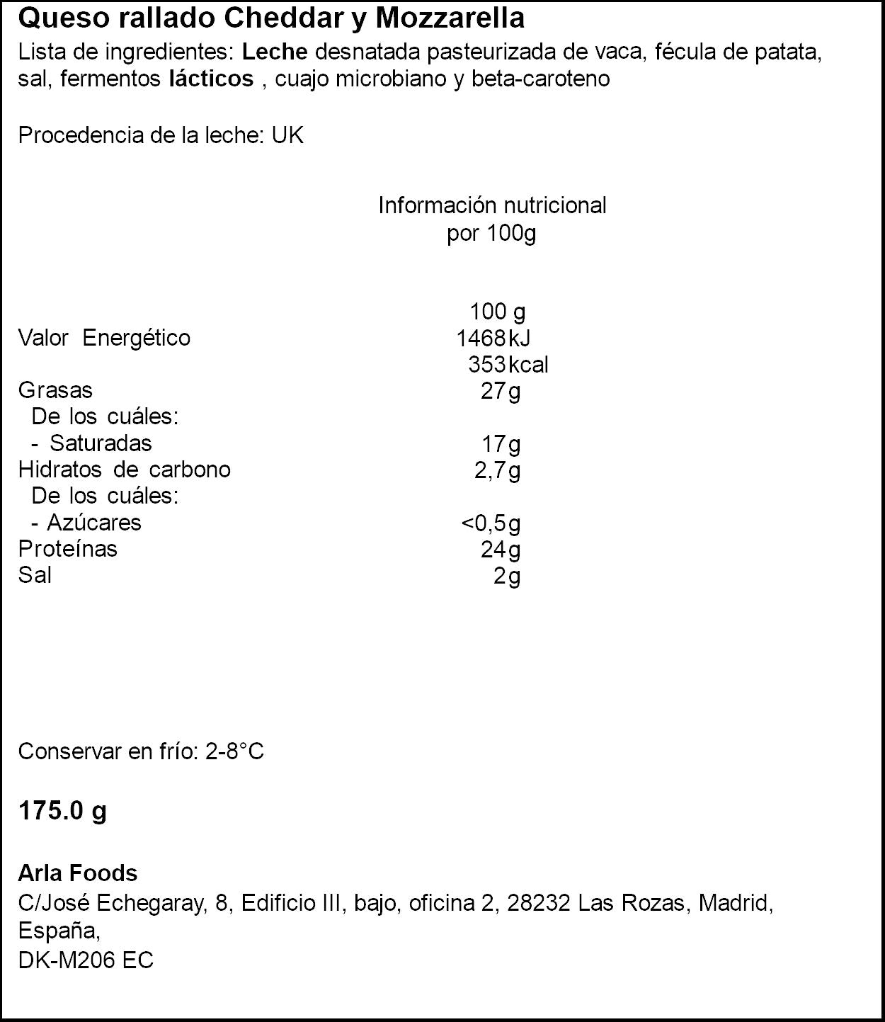 Queso rallado cheddar mozarella finello Arla 150g