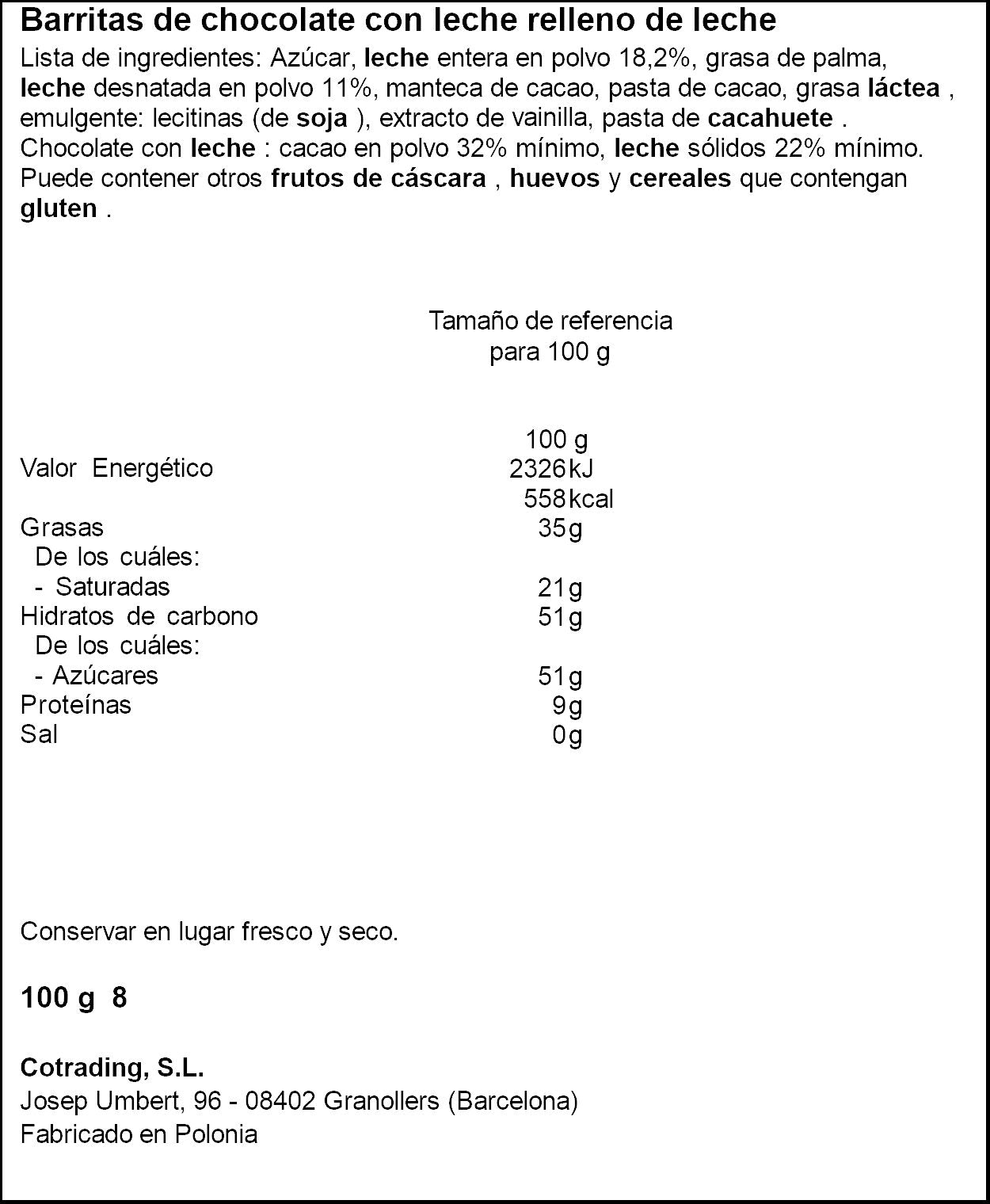 Barrita de chocolate rellenas de leche Hibbi 100g
