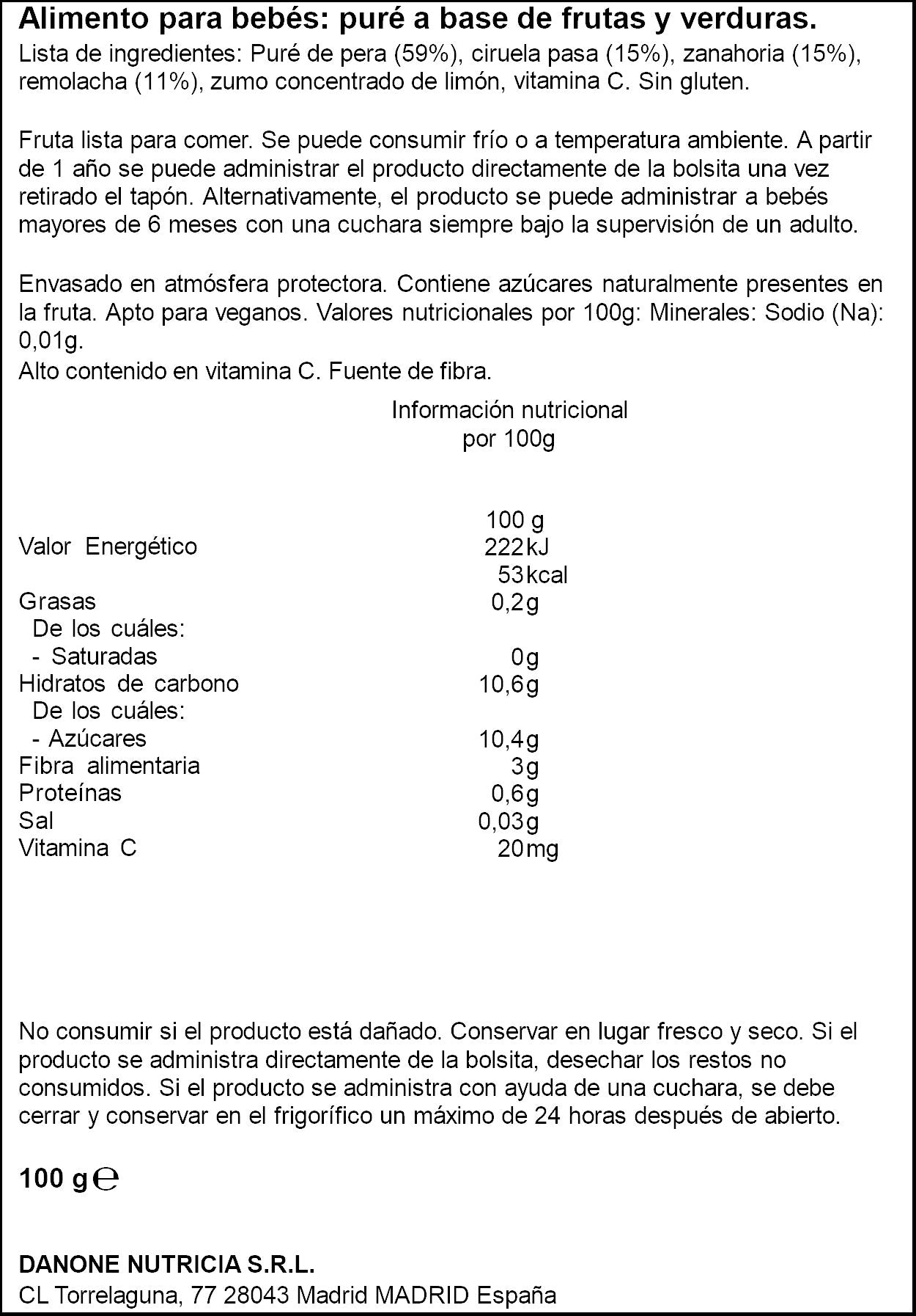 Compota pera/zanahoria/ciruela/remolacha Blédina 100g