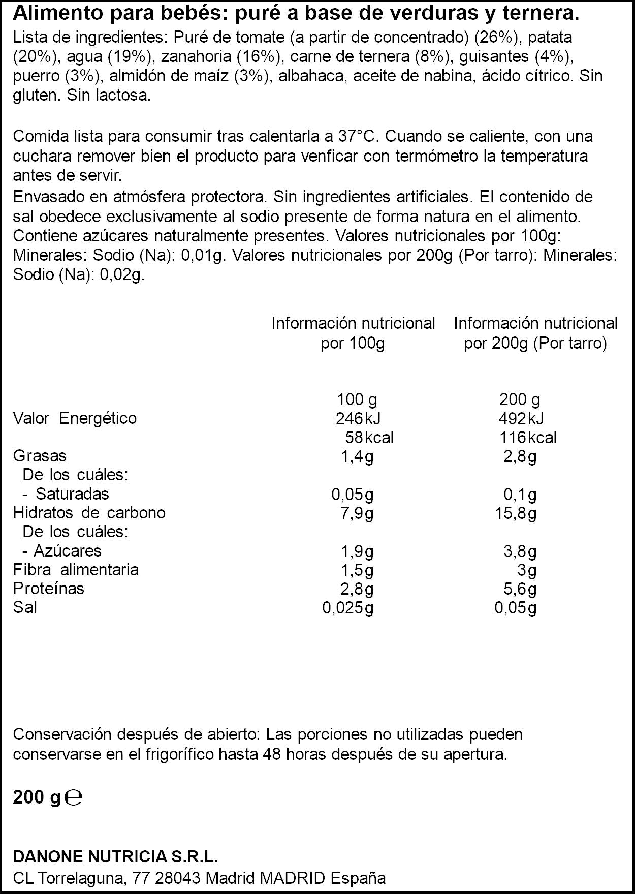 Potito crema ternera/tomate/zanahoria Blédina 200g
