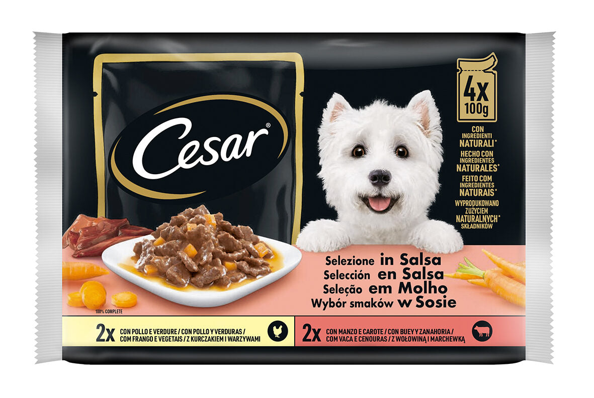 Comida húmeda perro salsa poll/buey Cesar p4 100g/u