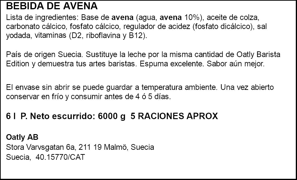 Bebida vegetal barista avena Oatly 1l