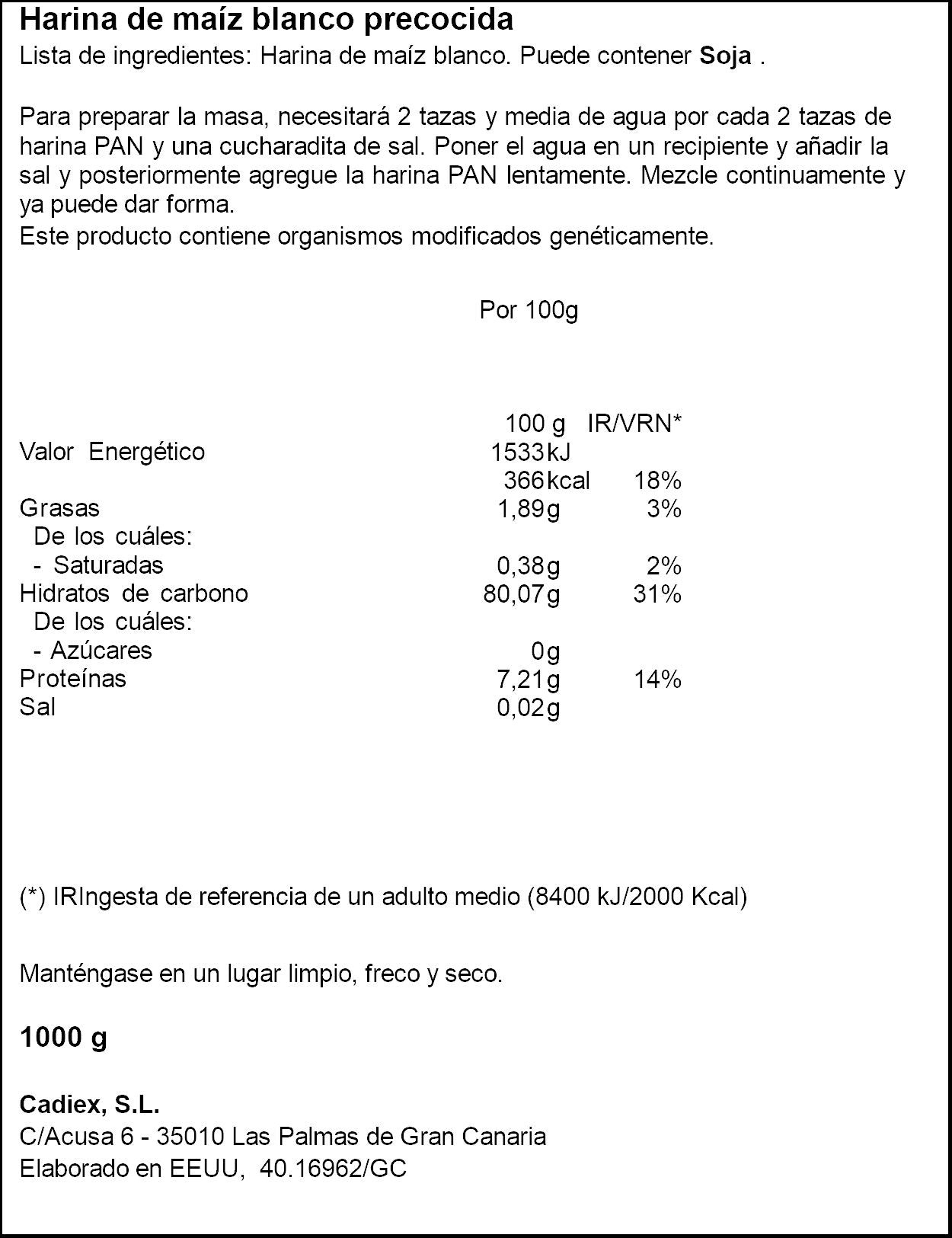 Harina maiz blanca precocida p.a.n. 1kg