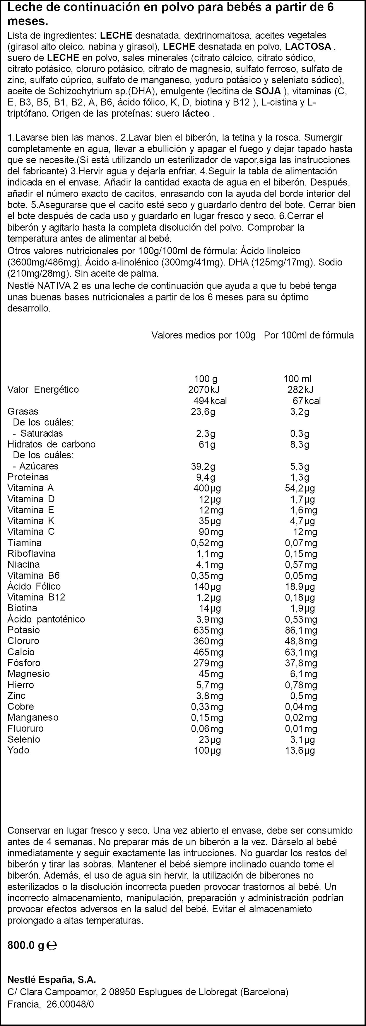 Leche en polvo nativa 2 bote Nestle 800g