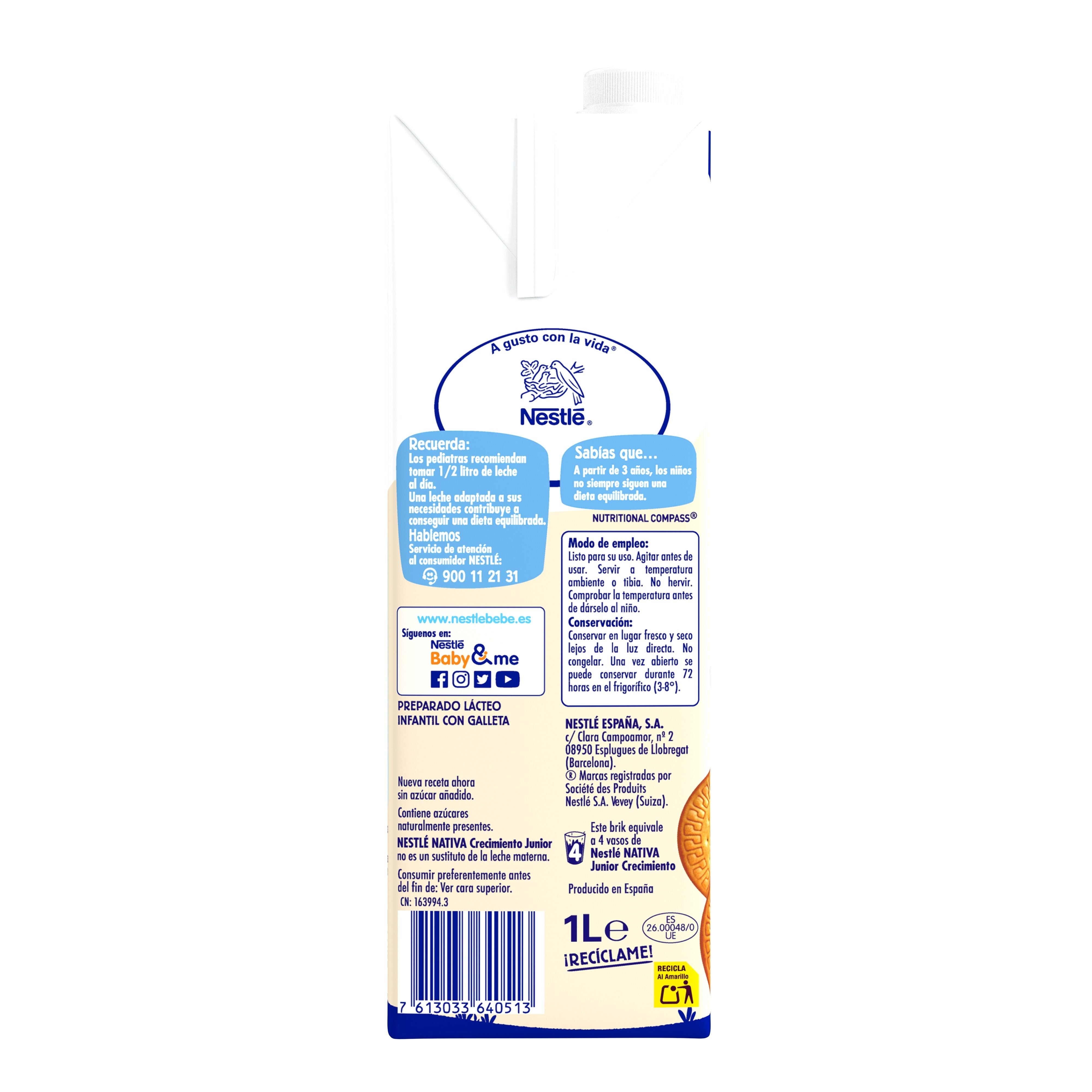 Leche infantil crecimiento c/galleta junior Nestle 1l