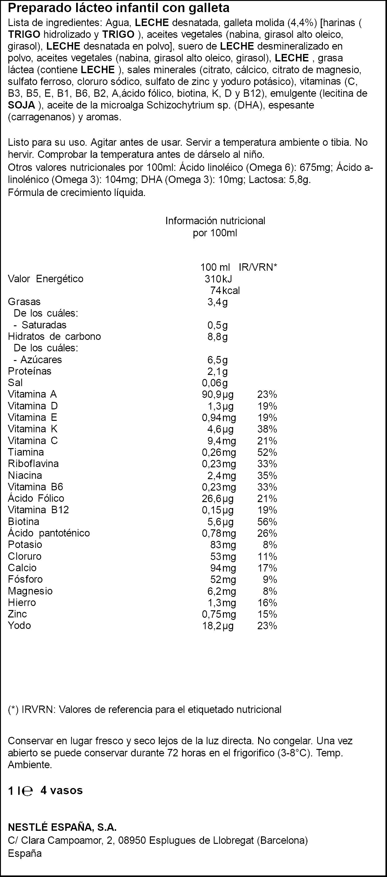 Leche infantil crecimiento c/galleta junior Nestle 1l