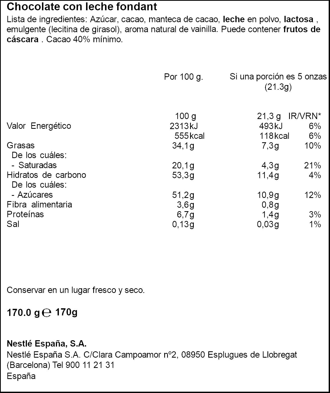 Chocolate leche para fundir Nestle postres 170g