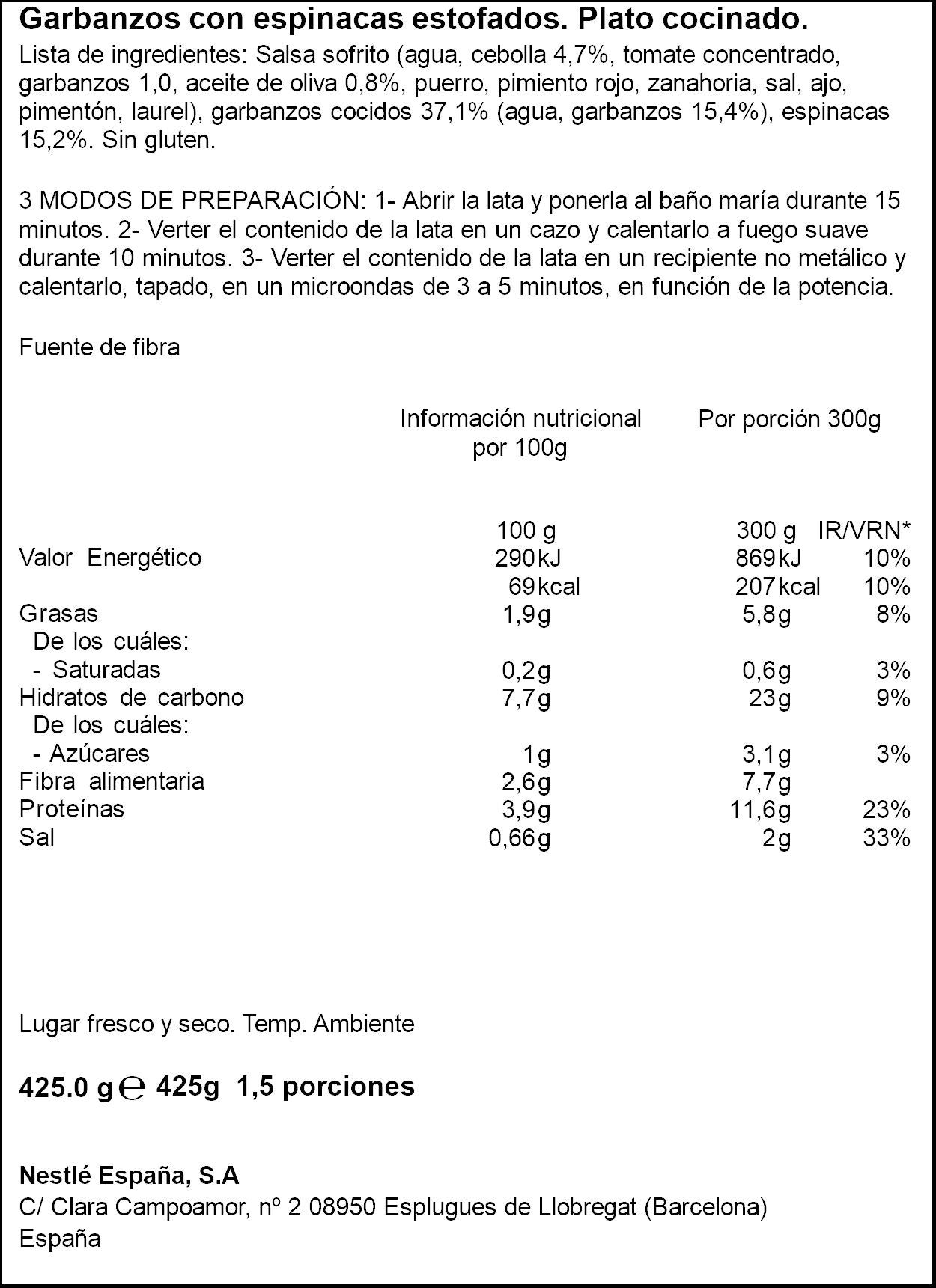 Garbanzos c/espinacas Litoral 425g