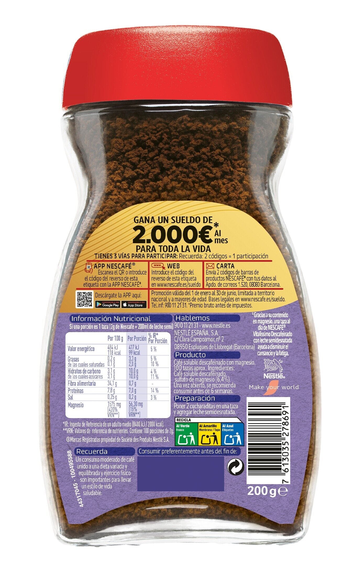 Café soluble vitalissimo descafeinado Nescafe 200g