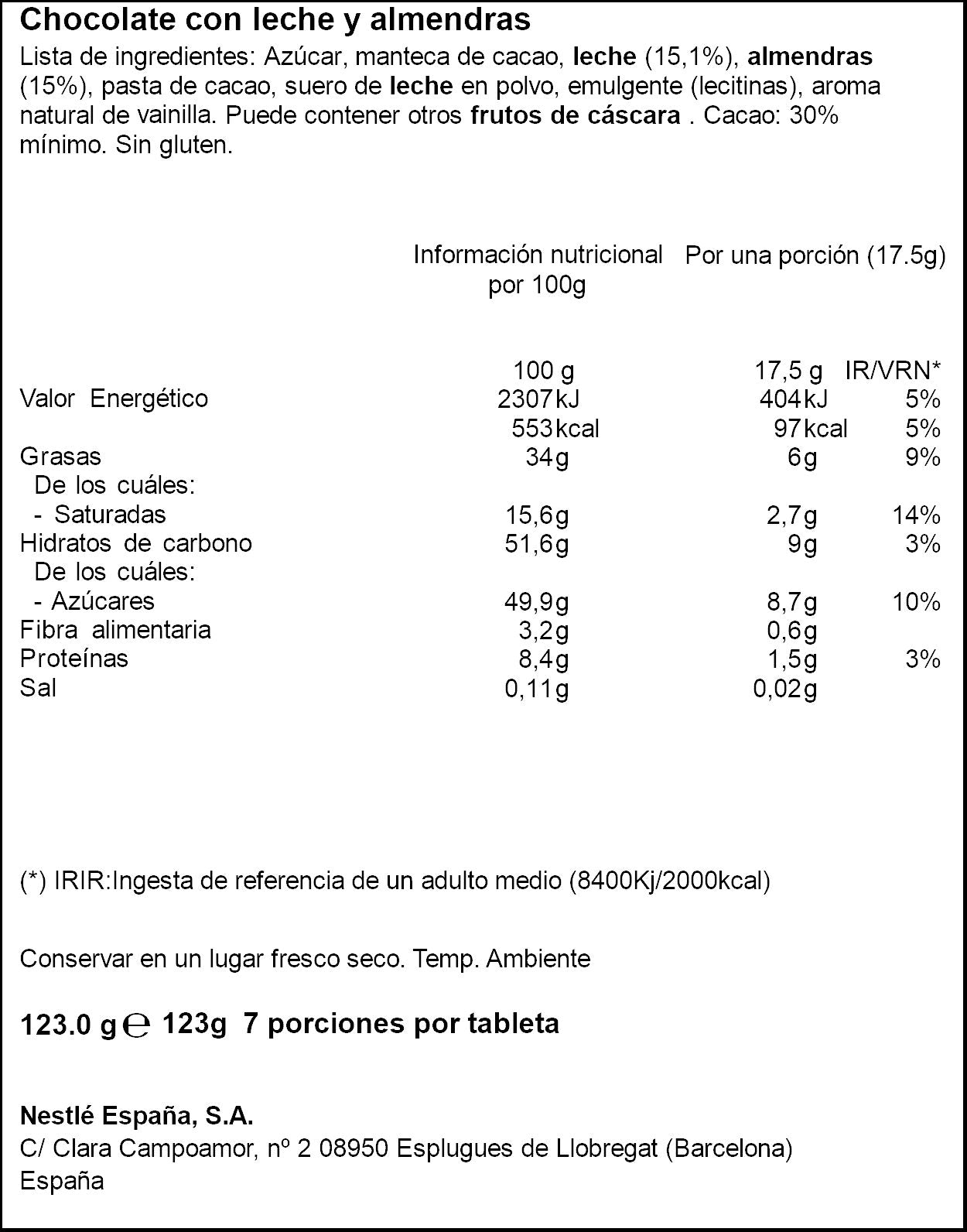 Chocolate almendra Nestle 123g