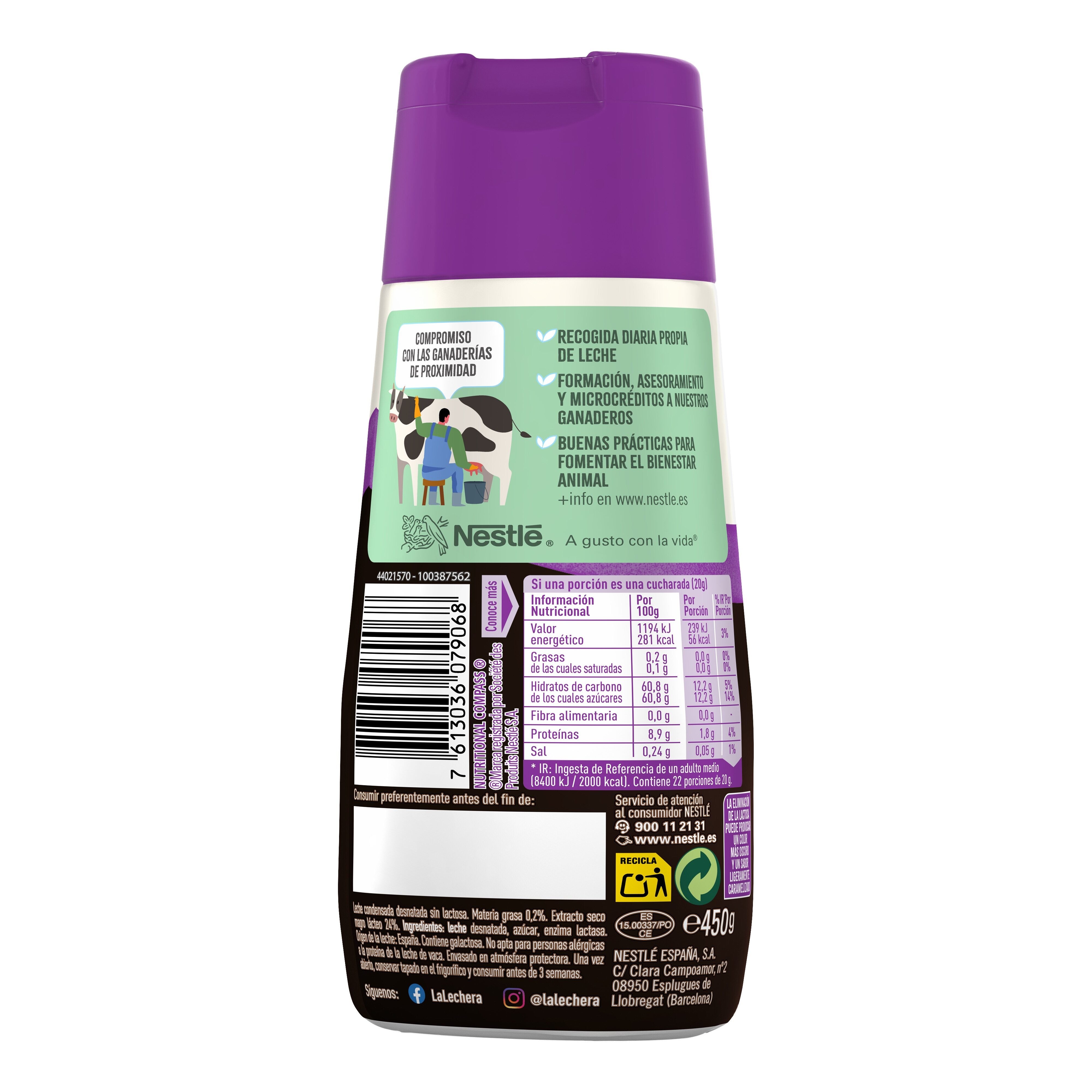 Leche condensada desnata s/lactosa sirve fácil La lechera 450g