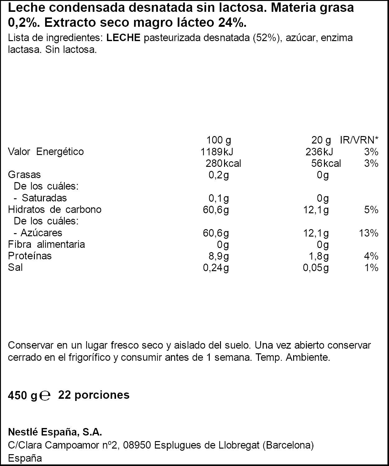 Leche condensada desnata s/lactosa sirve fácil La lechera 450g