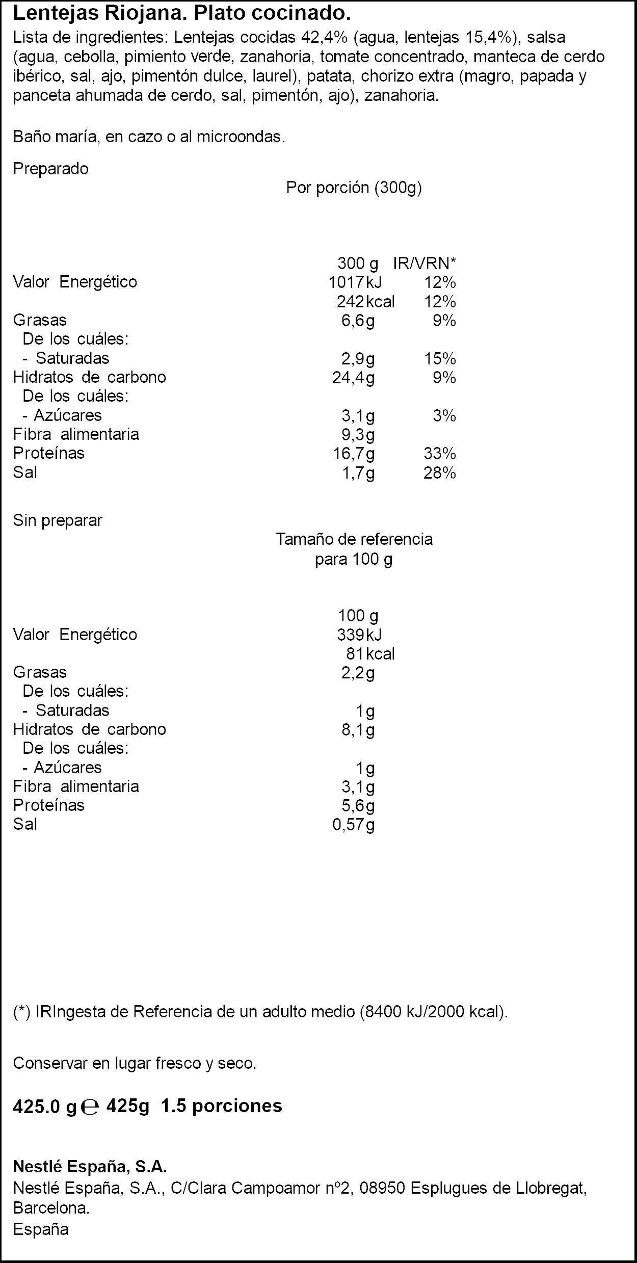 Lentejas a la riojana -30%sal lata Litoral 425g
