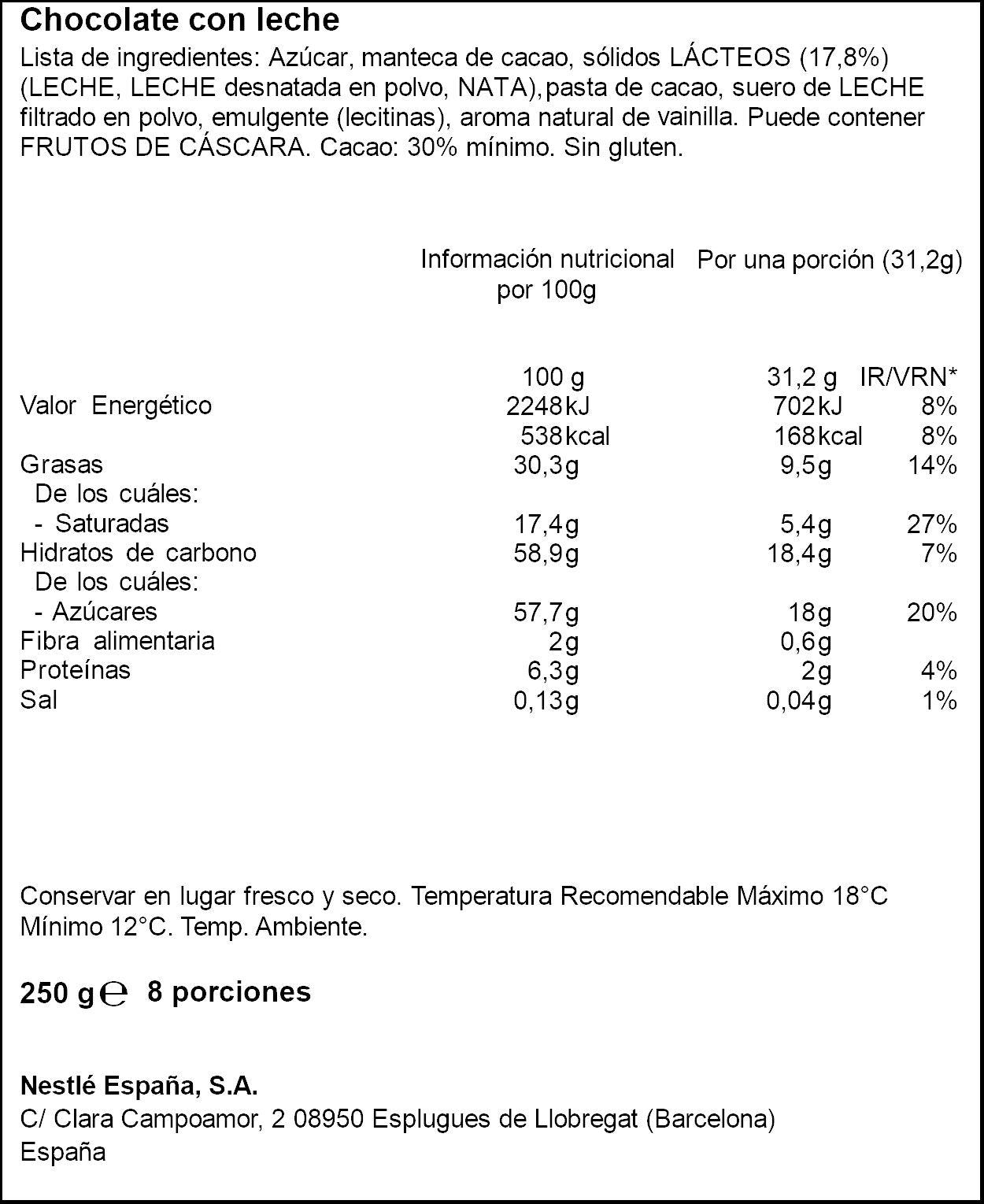 Chocolate leche extrafino Nestle 250g