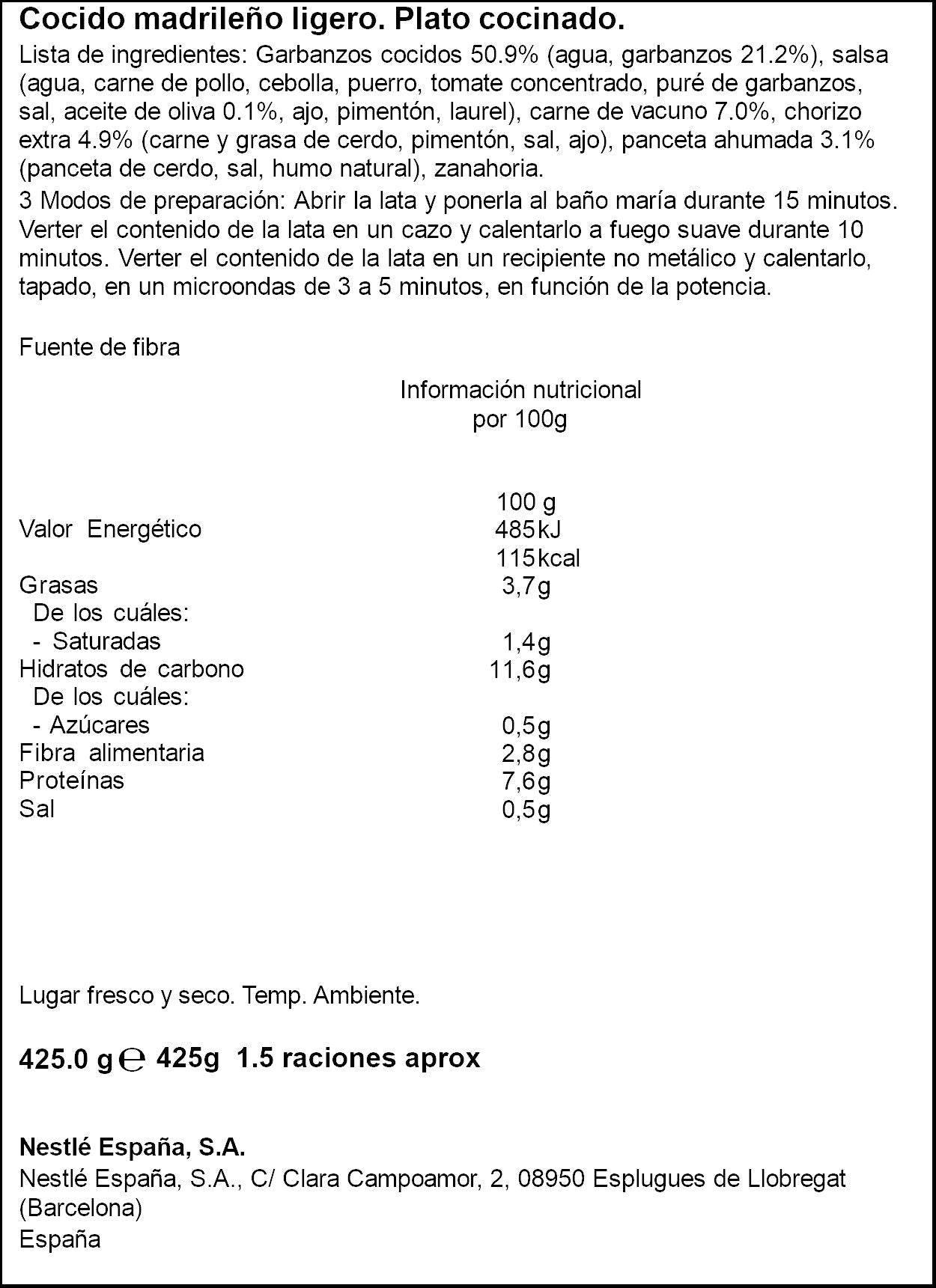 Cocido madrileño -30% sal lata Litoral 425g