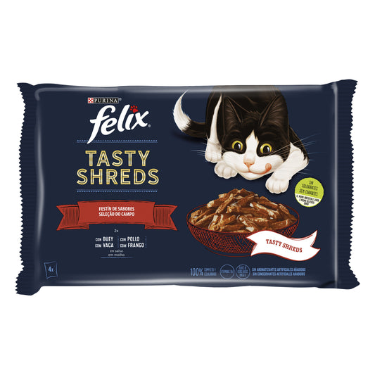 Comida gato húmedo tasty shreds carne Felix p4 80g/u La Despensa