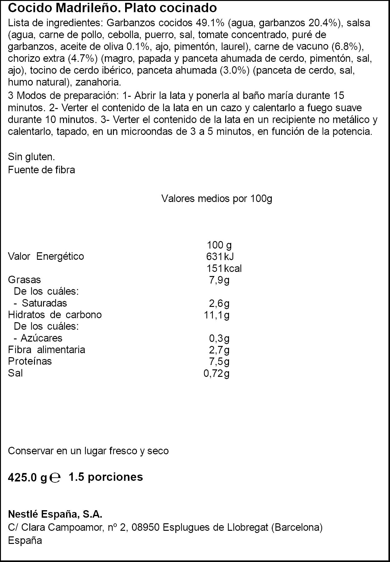 Cocido madrileño lata Litoral 425g
