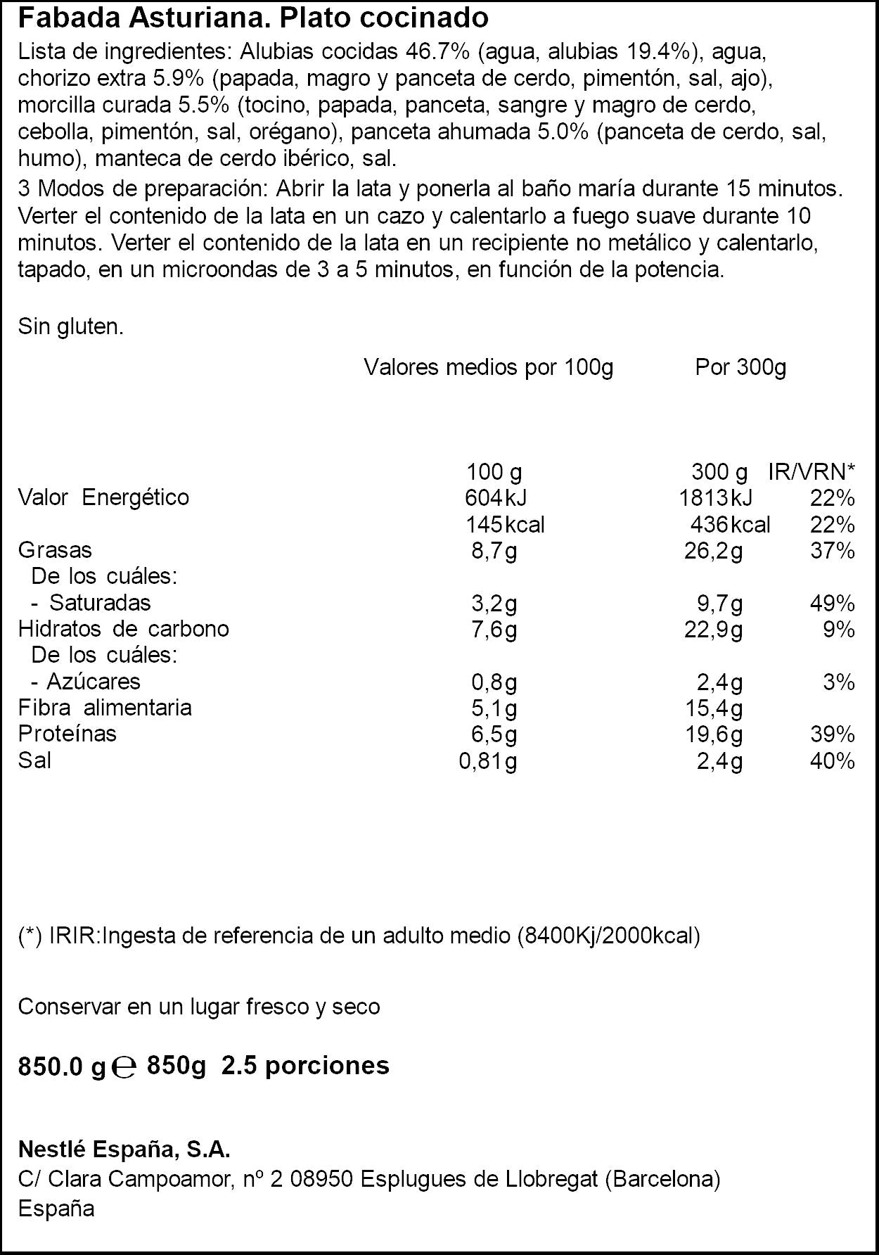 Fabada asturiana lata Litoral 850g