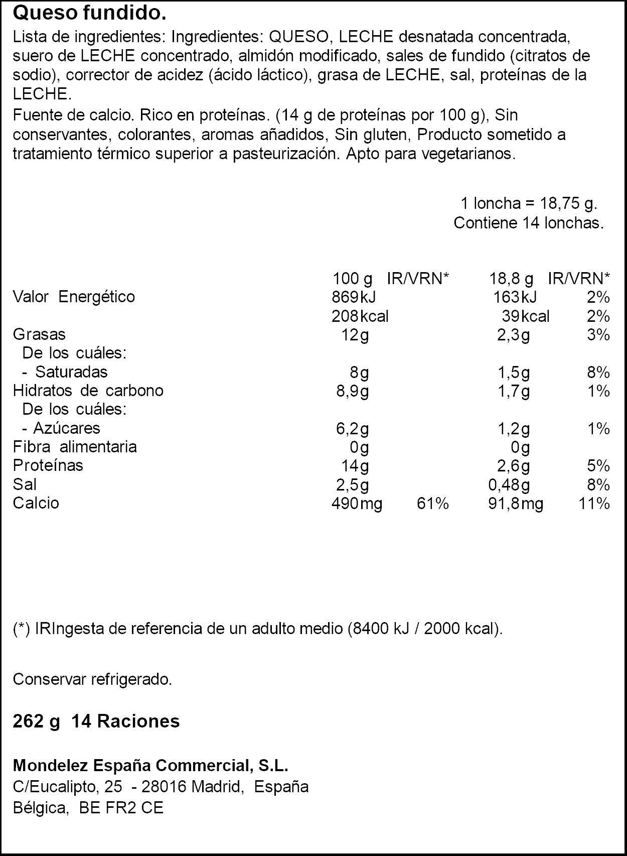 Queso fundido loncha El caserio p14 262g