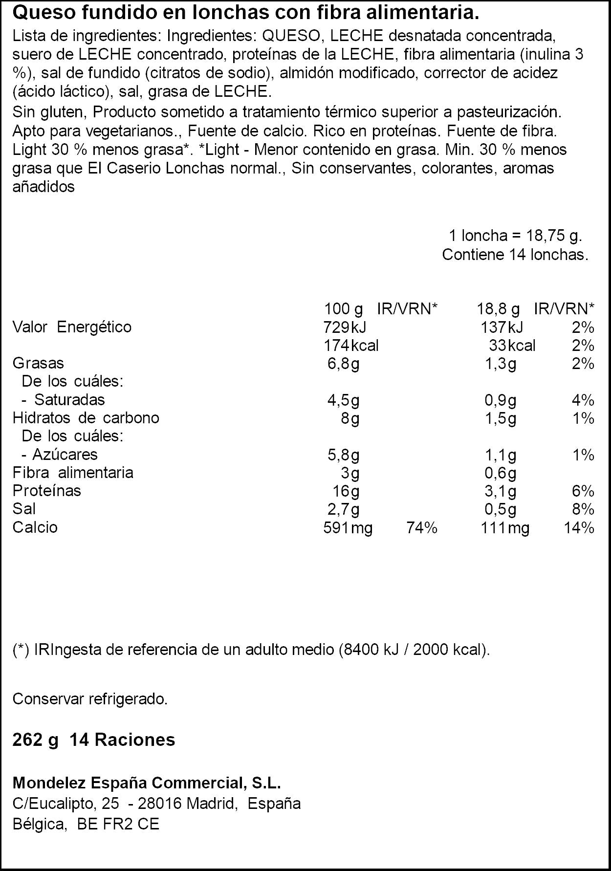 Queso fundido light lonchas El caserio p14 262g