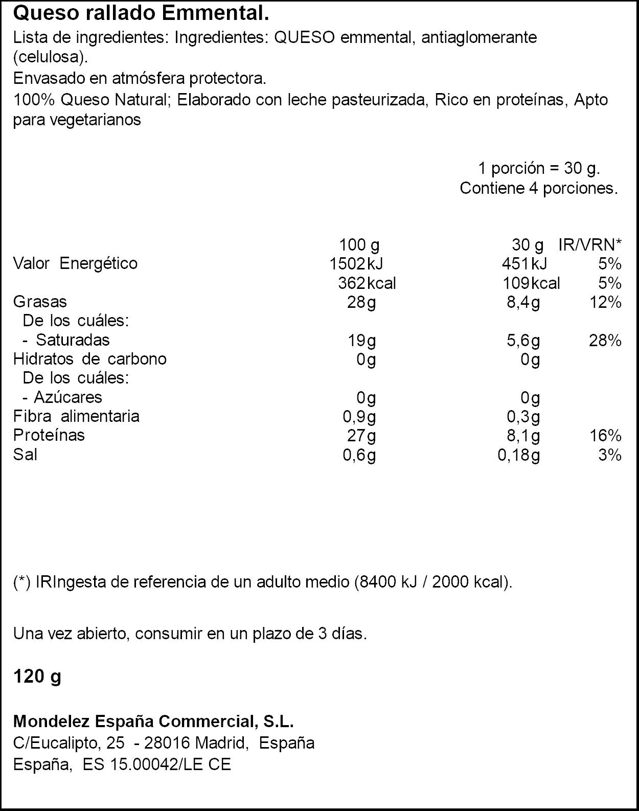 Queso rallado emmental especial gratinar El caserio 120g