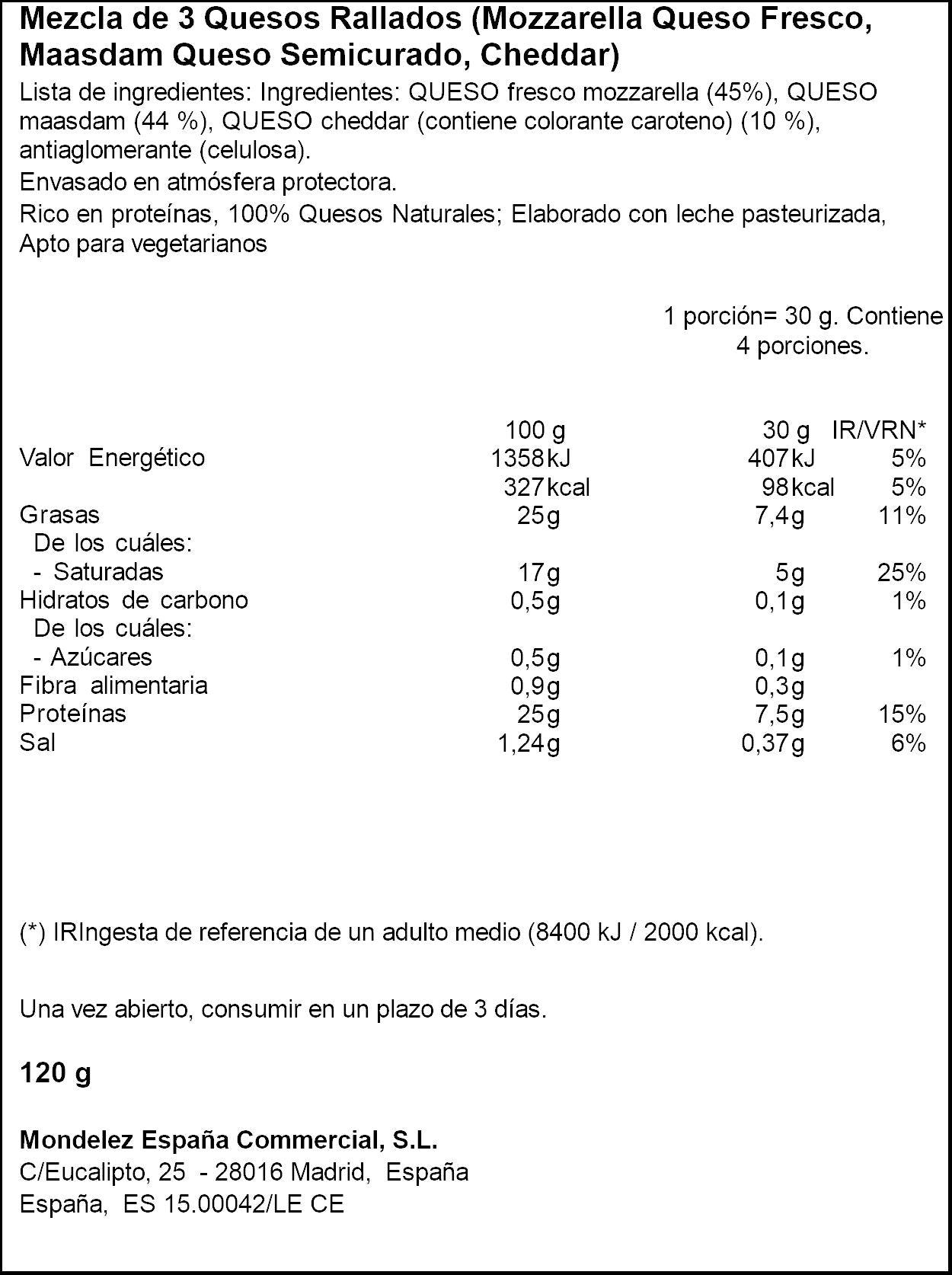 Queso rallado 3 quesos especial fundir El caserio 120g