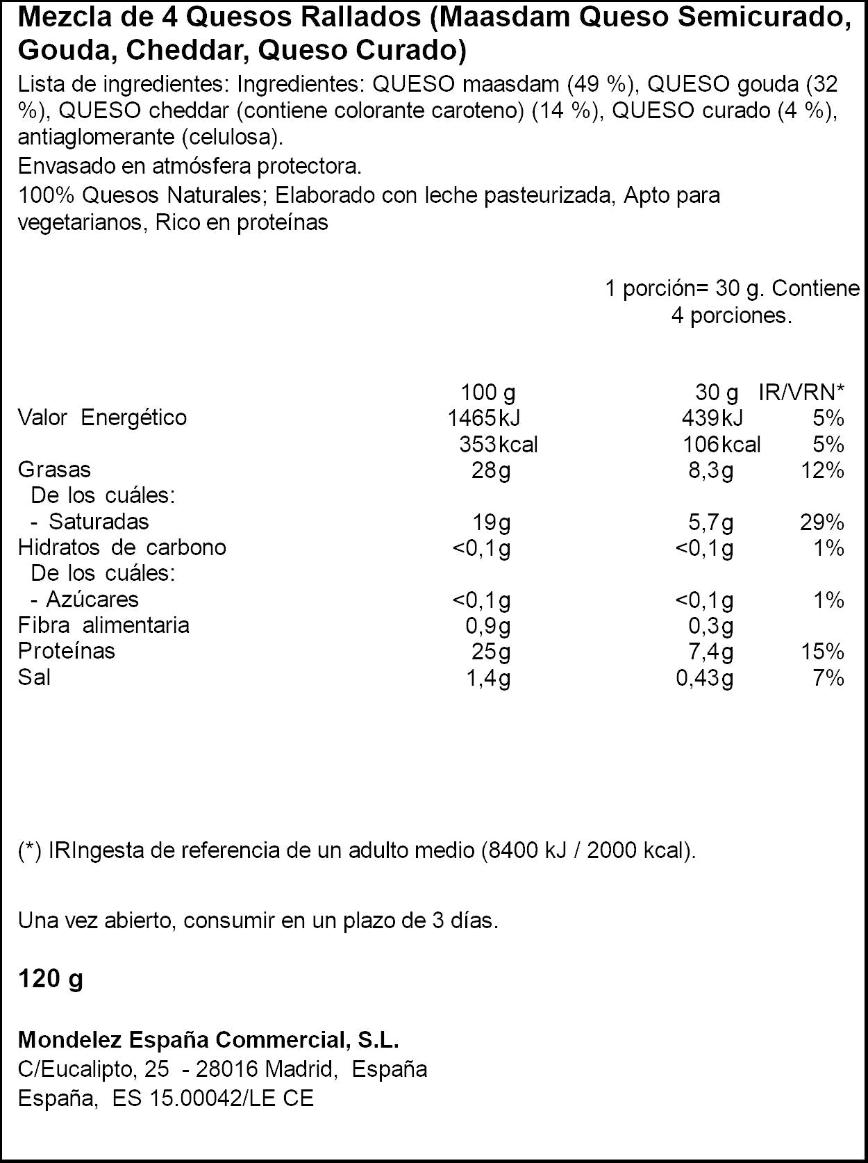 Queso rallado cuatro quesos especial gratinar El caserio 120g