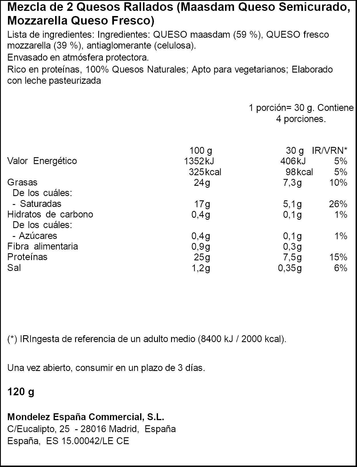 Queso rallado suave especial pizza El caserio 120g
