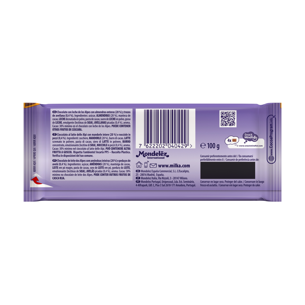 Chocolate leche almendra entera Milka 100g