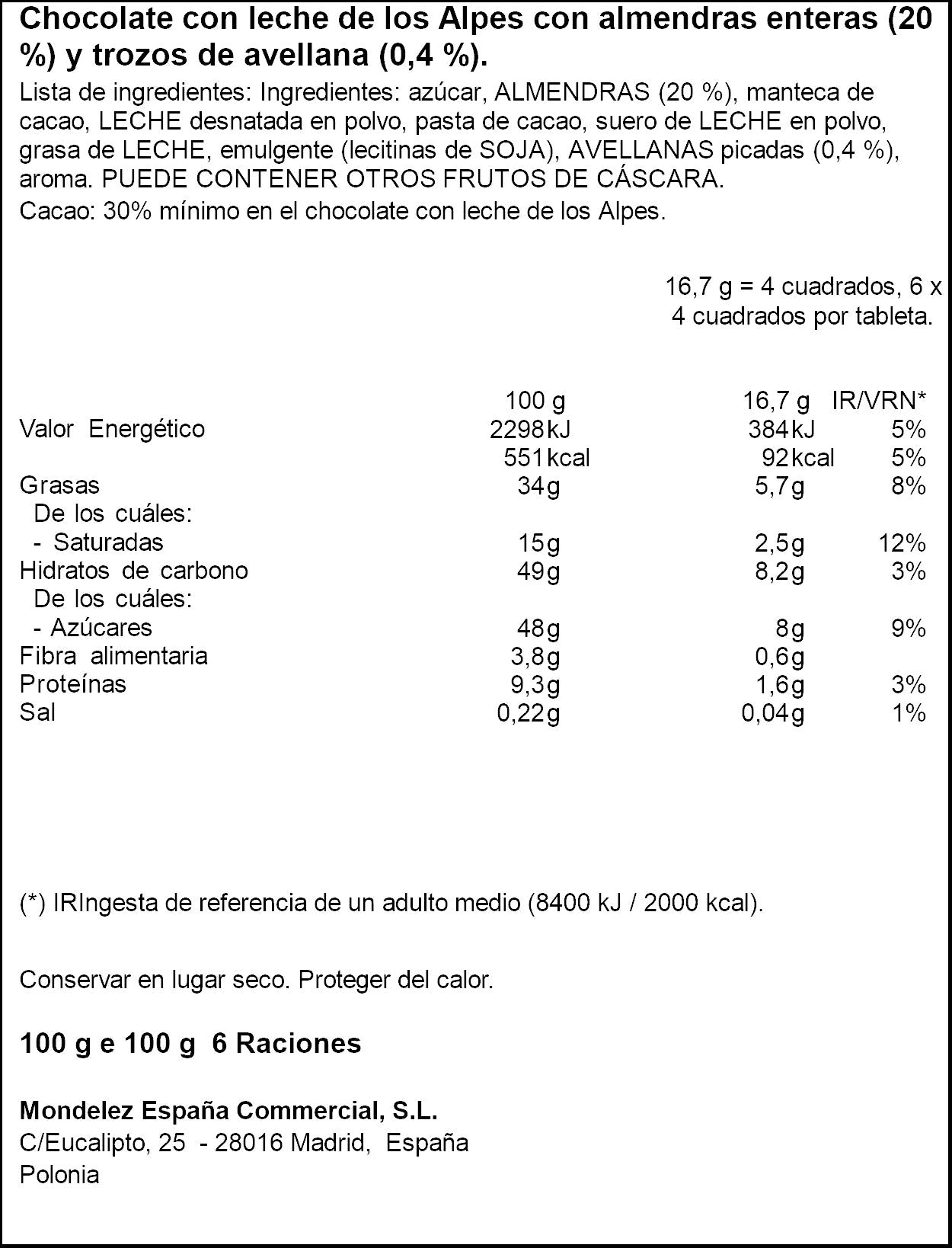Chocolate leche almendra entera Milka 100g