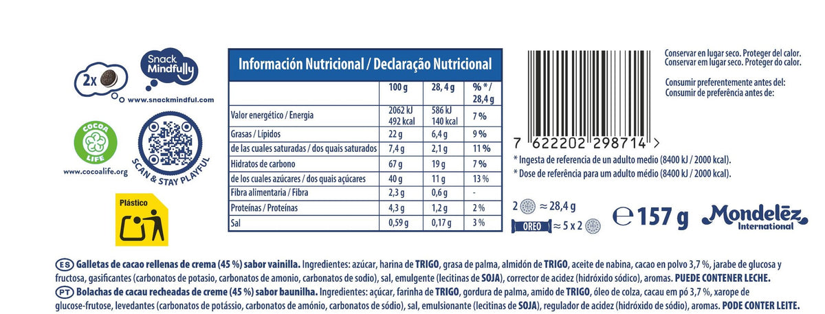 Galleta chocolate doble crema Oreo 157g