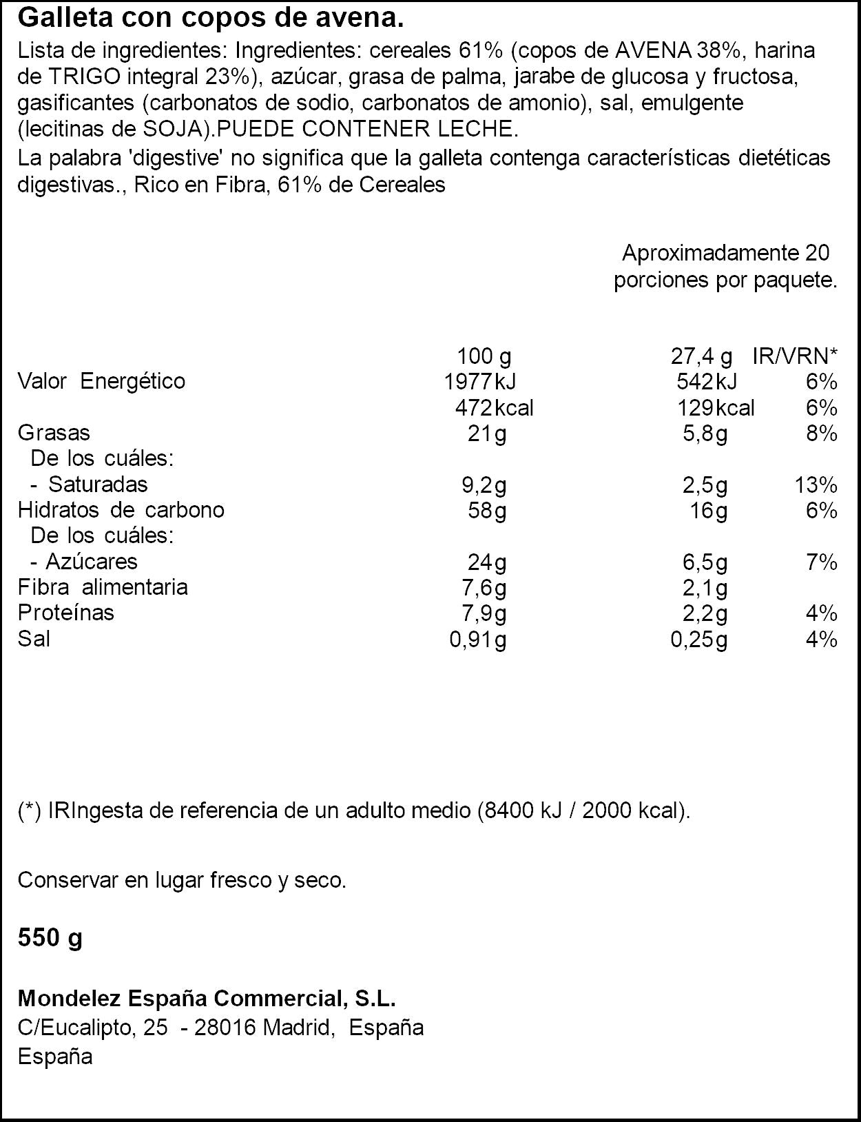Galleta digestive avena Fontaneda 550g