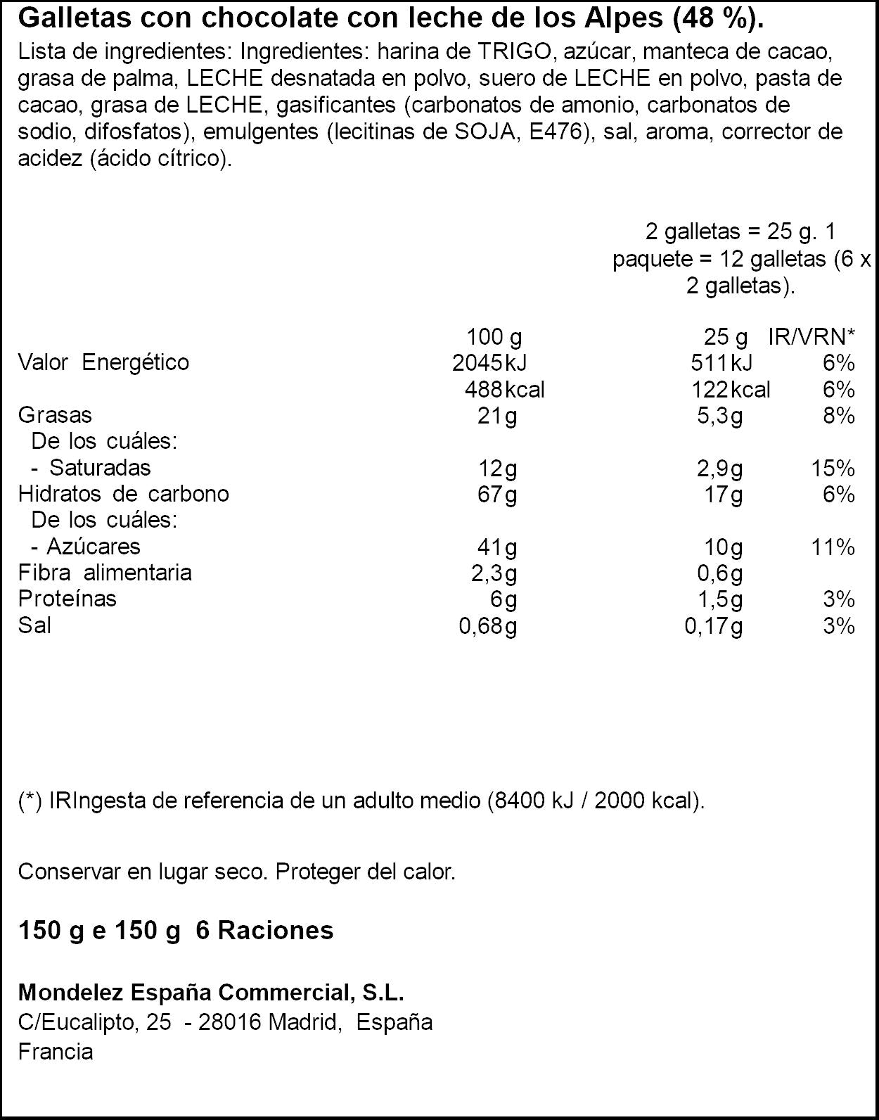 Galleta chocolate/leche Milka 150g
