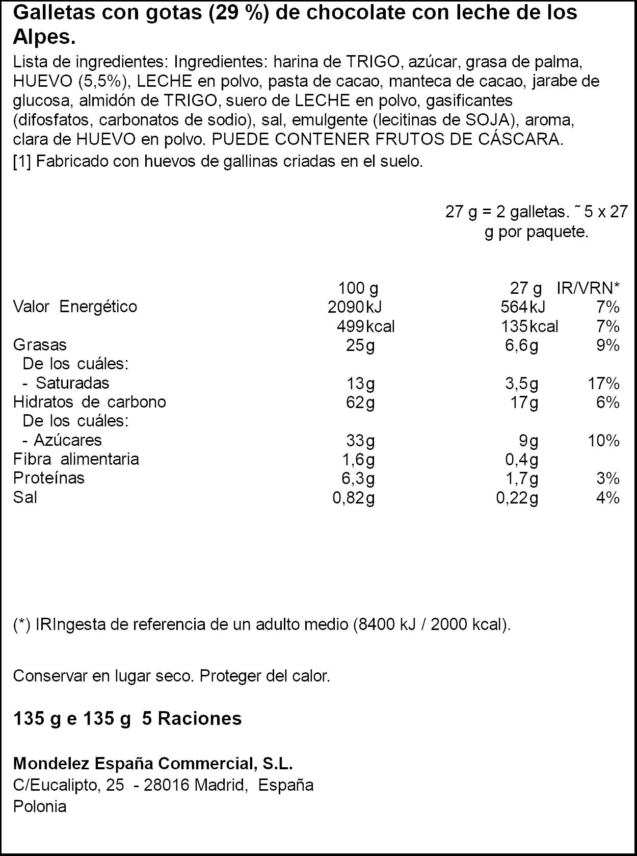 Galleta c/pepitas chocolate Milka 135g