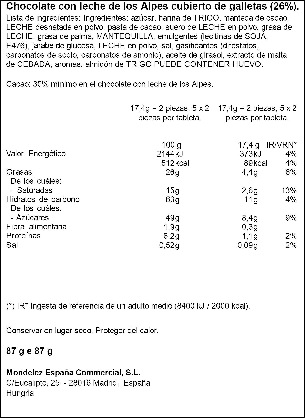 Chocolate c/galleta lu Milka 87g