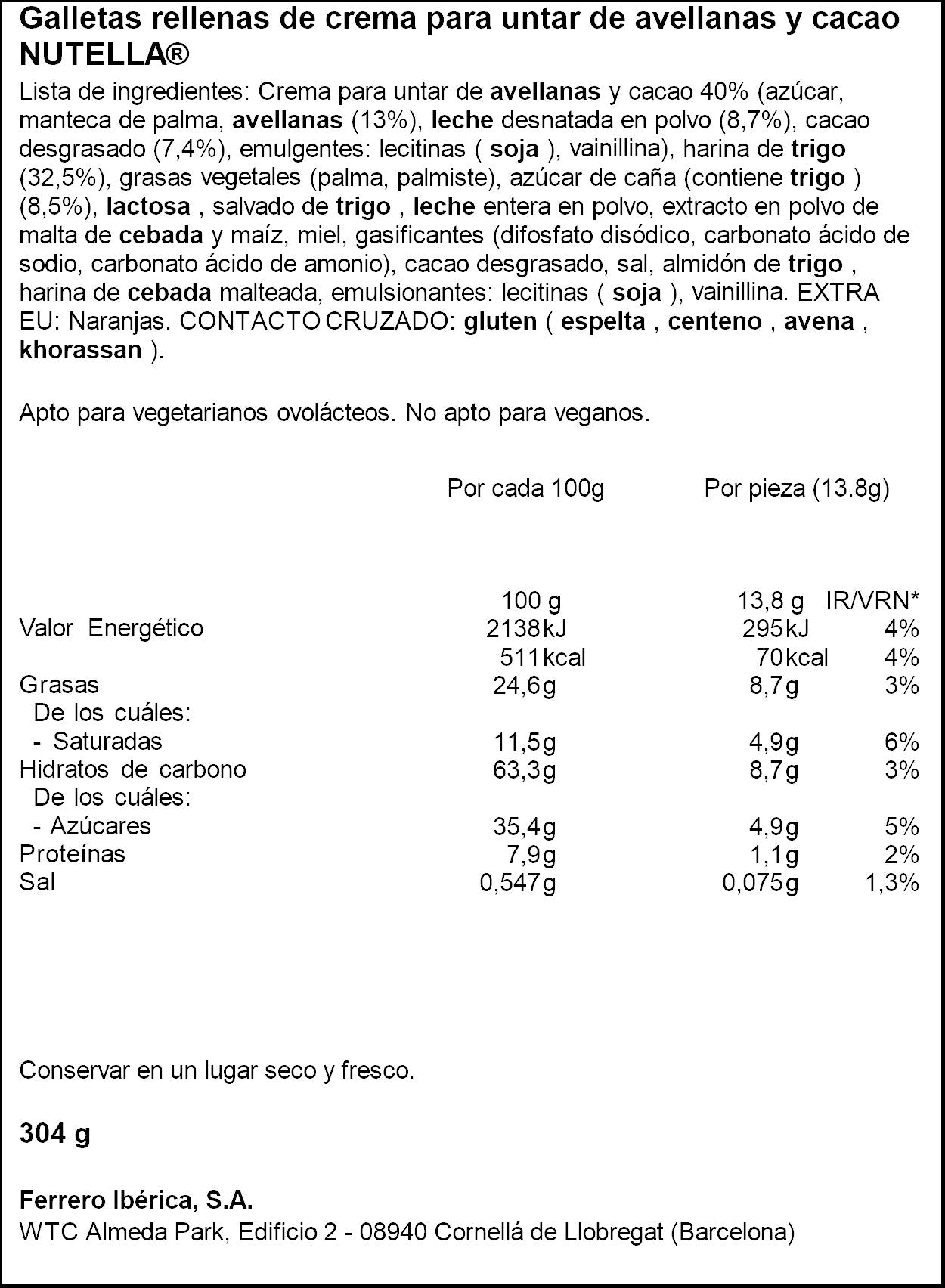 Galletas crema cacao Nutella 304g
